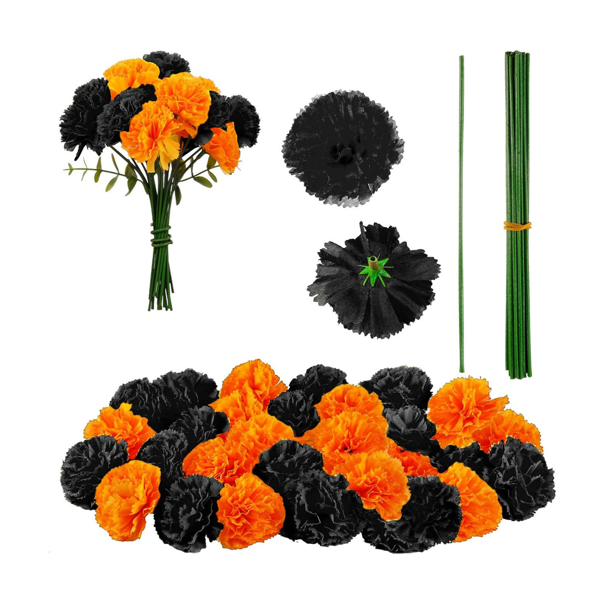 Waydress 20 Pcs Artificial Marigold Flowers Halloween,Black, Orange