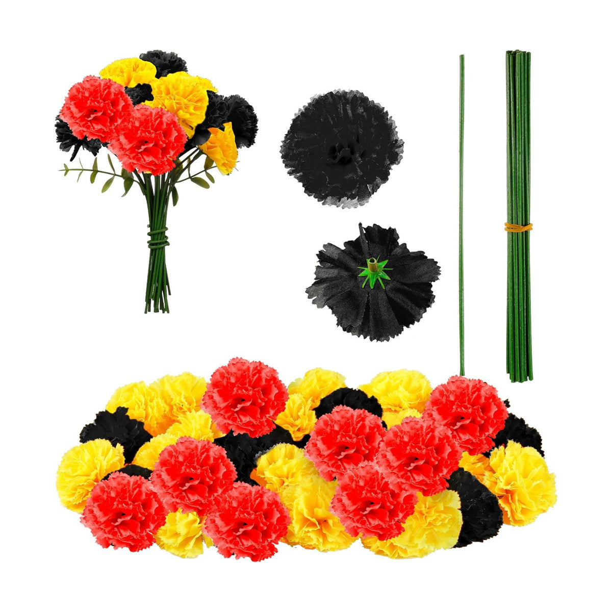 Waydress 30 Pcs Artificial Marigold Flowers Halloween,Black, Gold, Red