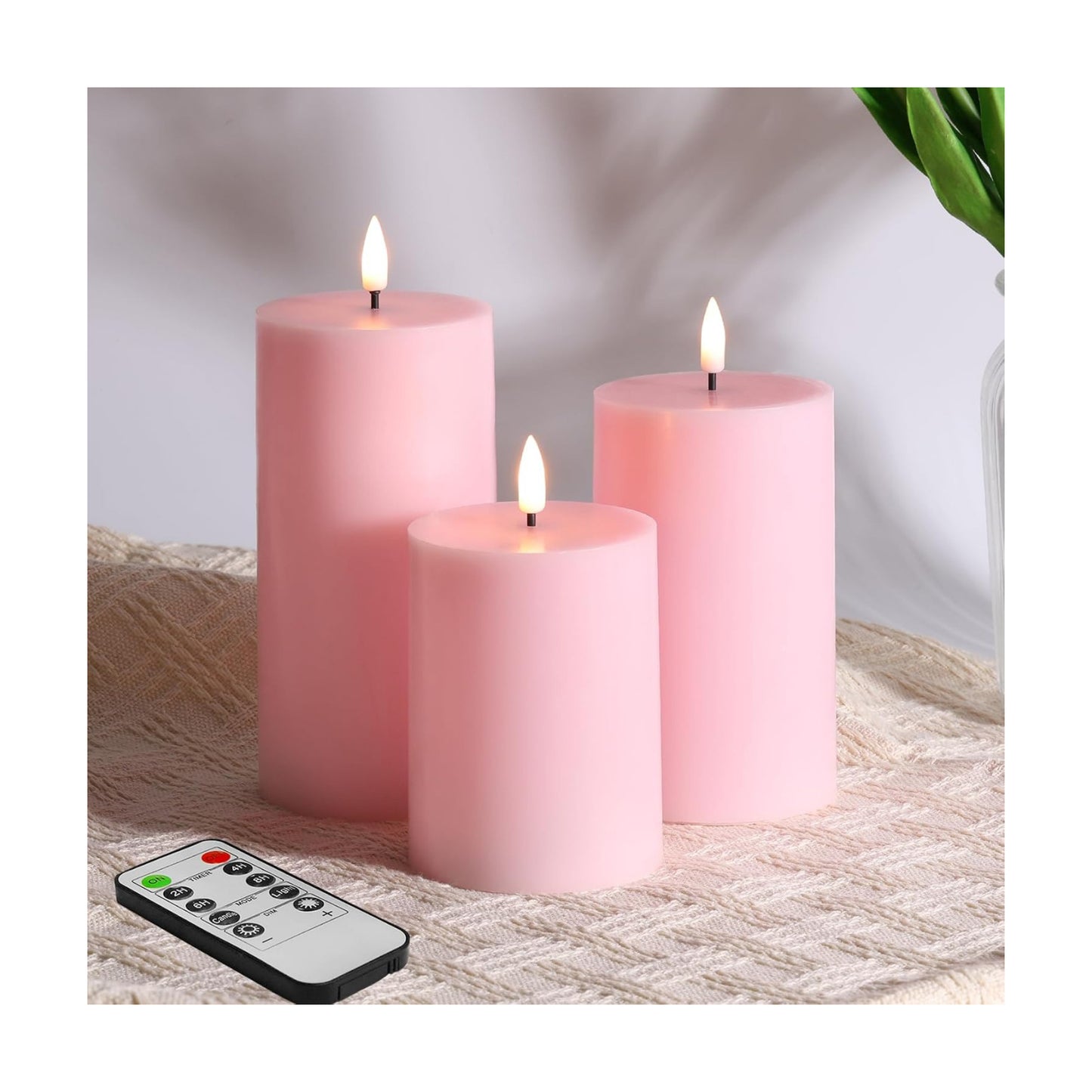 Pink Flameless Pillar Candles with Remote Set of 3 | Flickering LED Candles, 2 AA Battery Power, Flat Top Real Wax