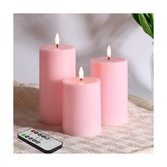 Pink Flameless Pillar Candles with Remote Set of 3 | Flickering LED Candles, 2 AA Battery Power, Flat Top Real Wax