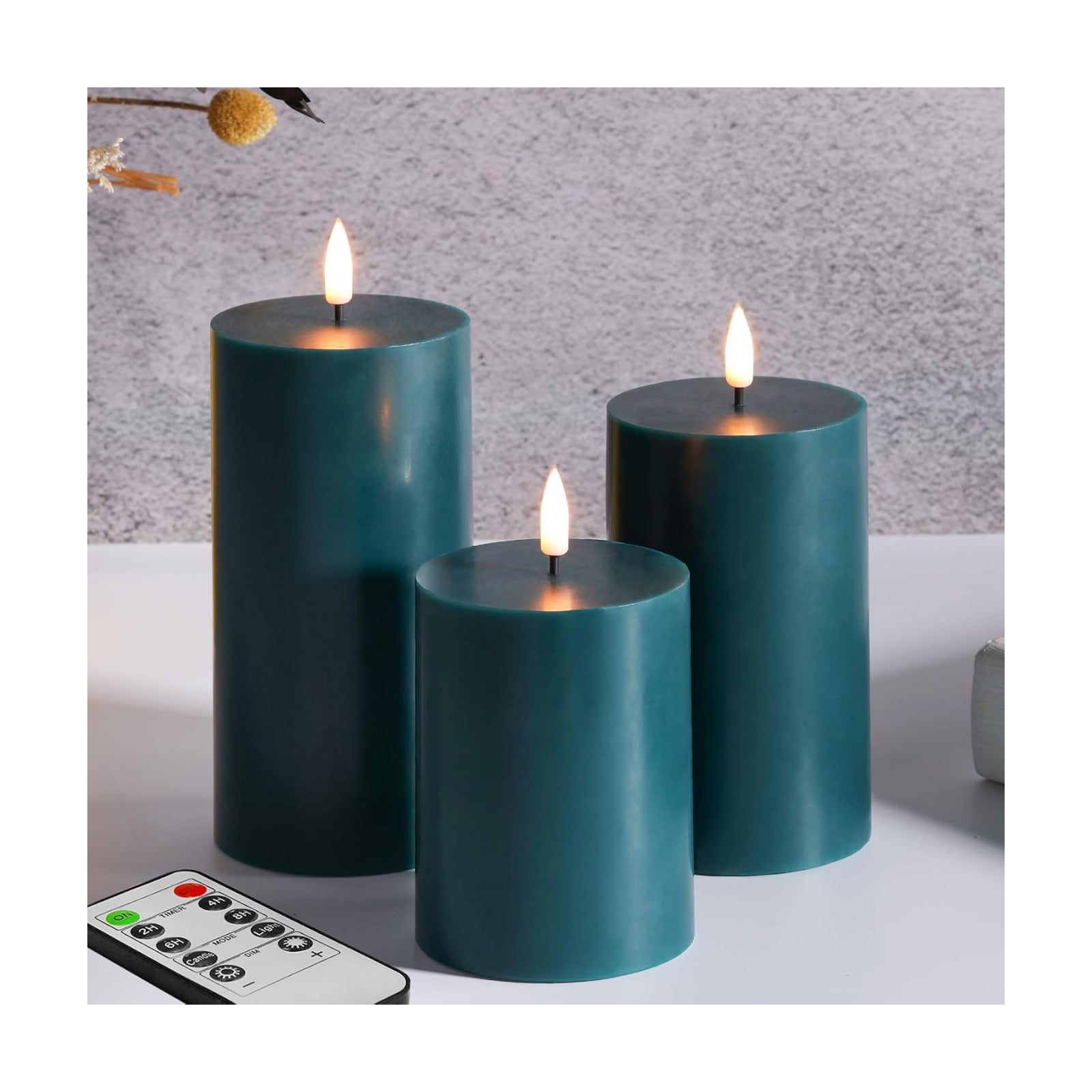 Green Flameless Pillar Candles with Remote Set of 3 | Flickering LED Candles, 2 AA Battery Power, Flat Top Real Wax