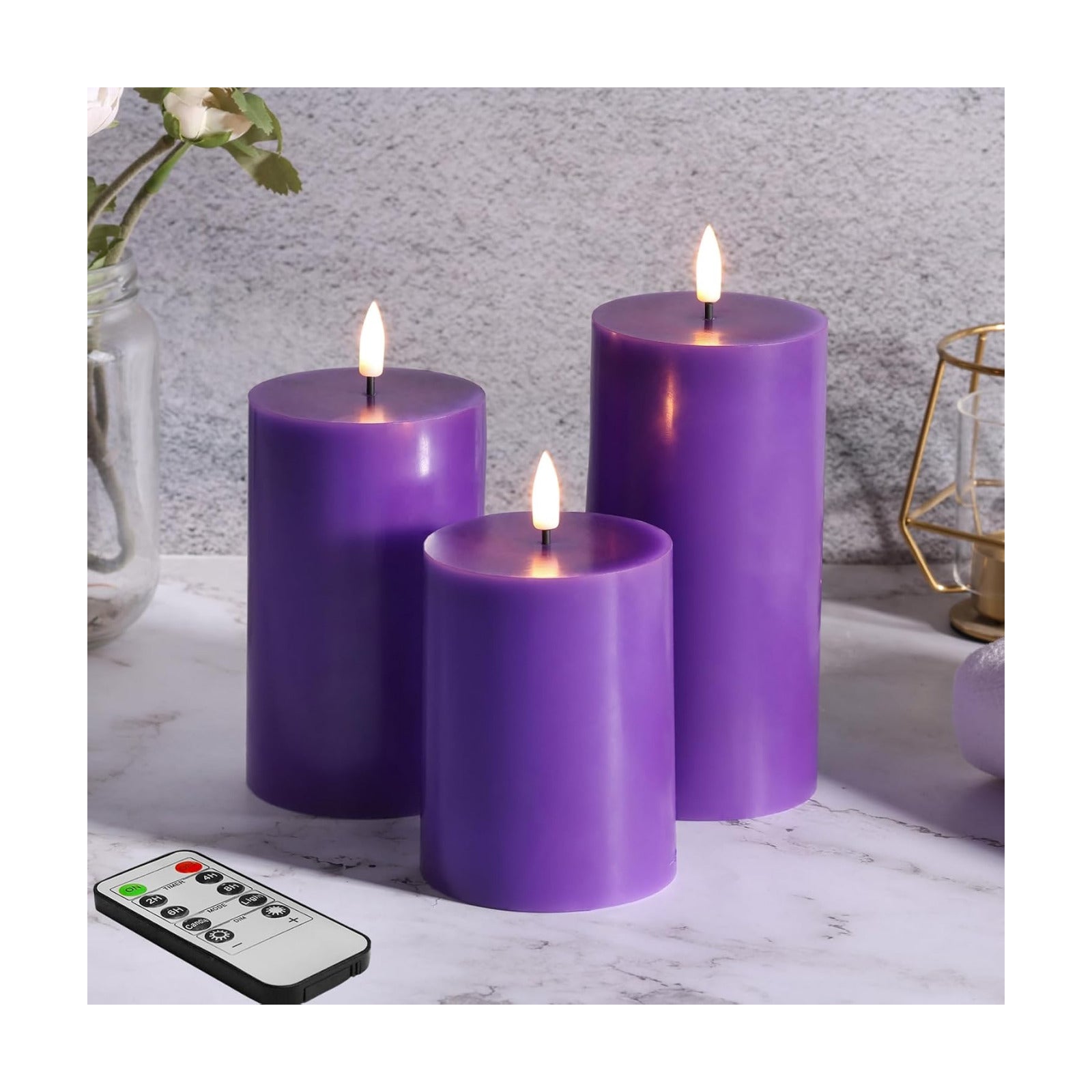 Purple Flameless Pillar Candles with Remote Set of 3 | Flickering LED Candles, 2 AA Battery Power, Flat Top Real Wax
