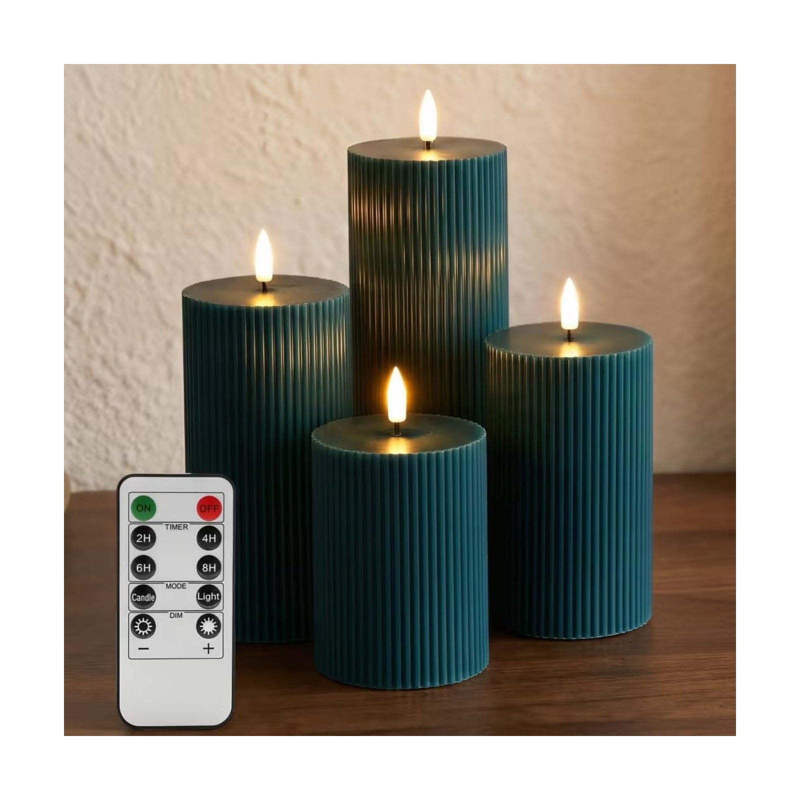Ribbed Flameless Pillar Candles / Green / Set of 4