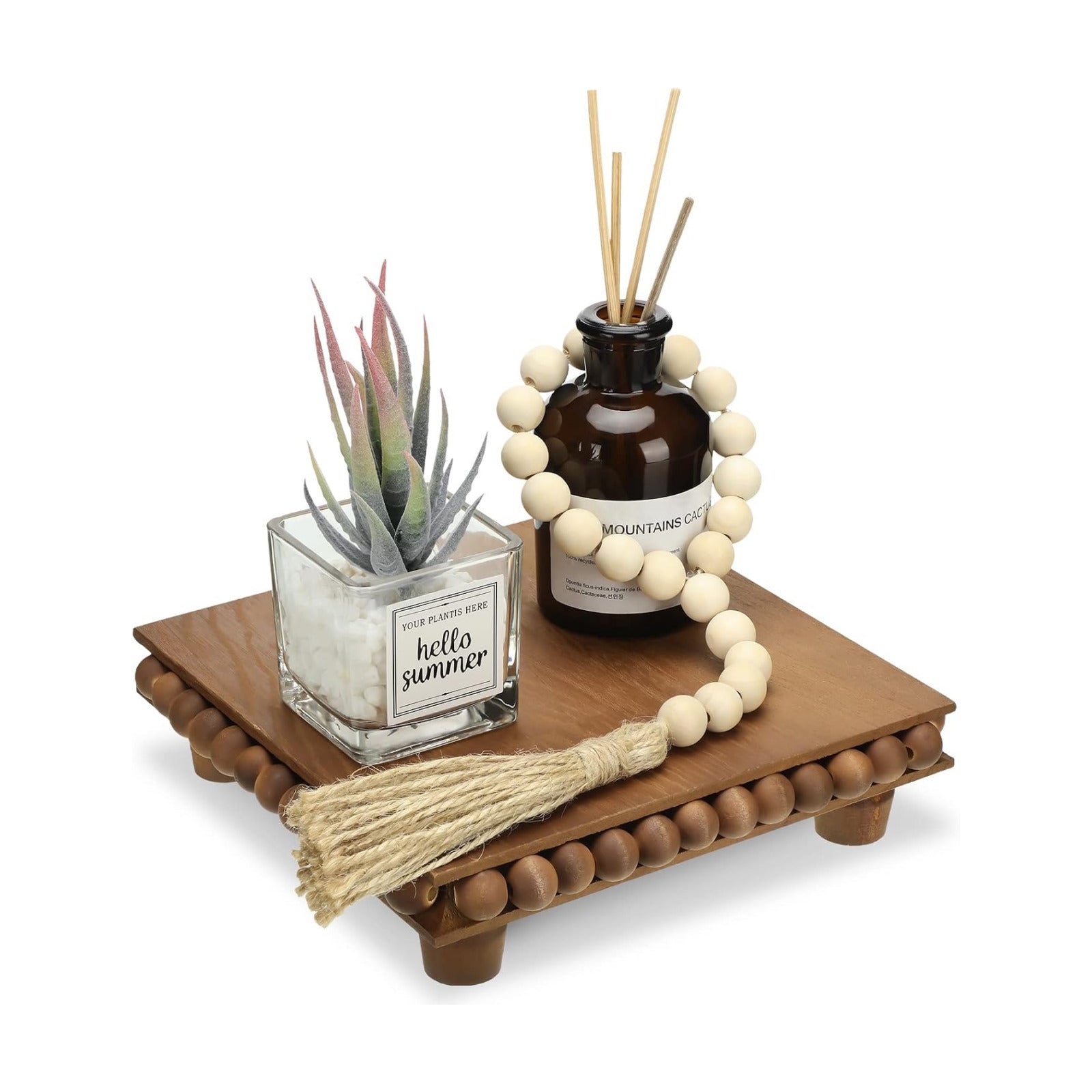 Wood Riser and Wood Bead Garland Set Wooden Trivets Farmhouse Beaded Riser for Display / Brown