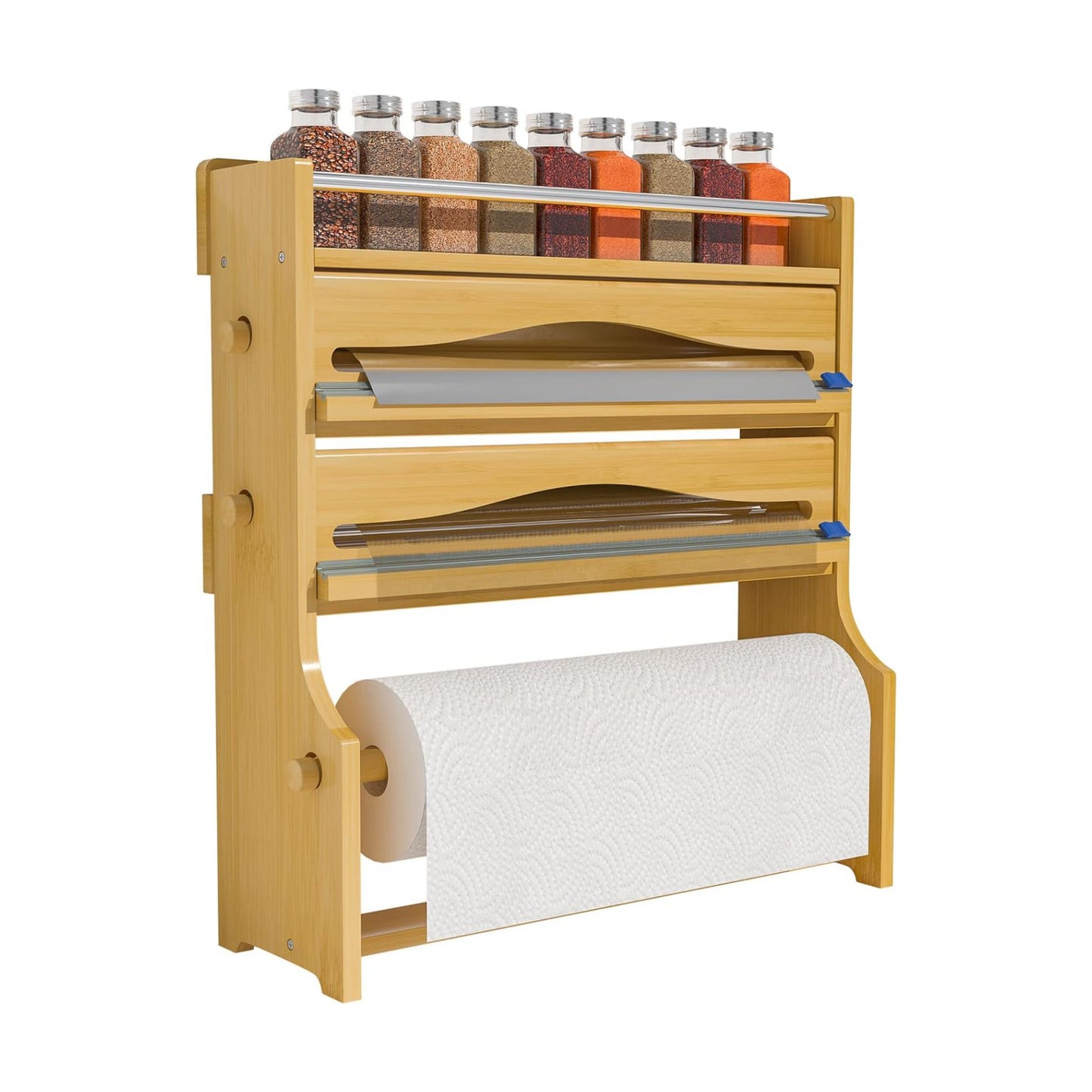 Foil Plastic Wrap Organizer Dispenser - Wall Mounted Bamboo Kitchen Paper Towel Holder with Spice Shelf,4 in 1 12" Roll