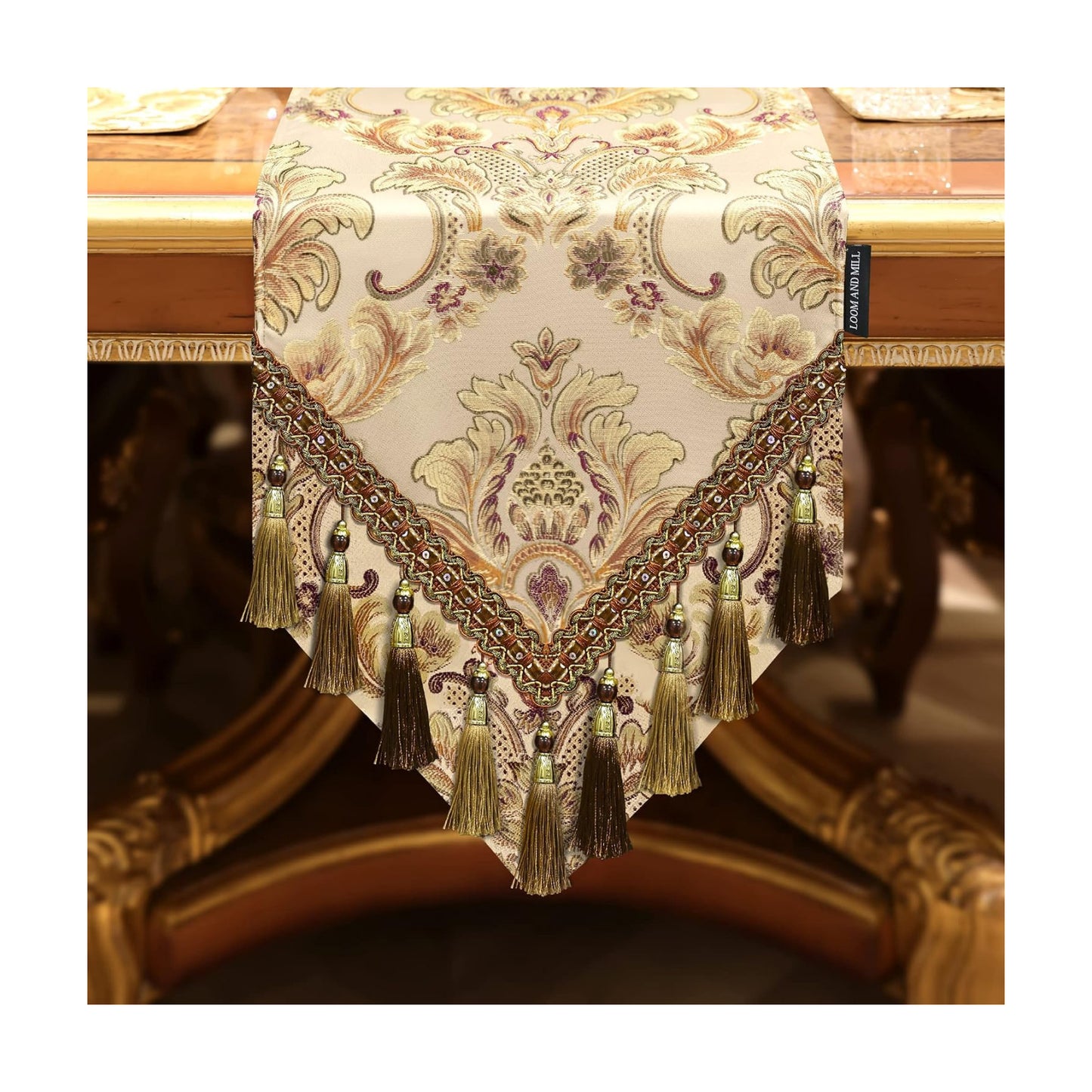 Loom and Mill Jacquard Table Runner 72 inches Long, Thick Fabric Floral Table Runners with Handmade Tassels for Dining
