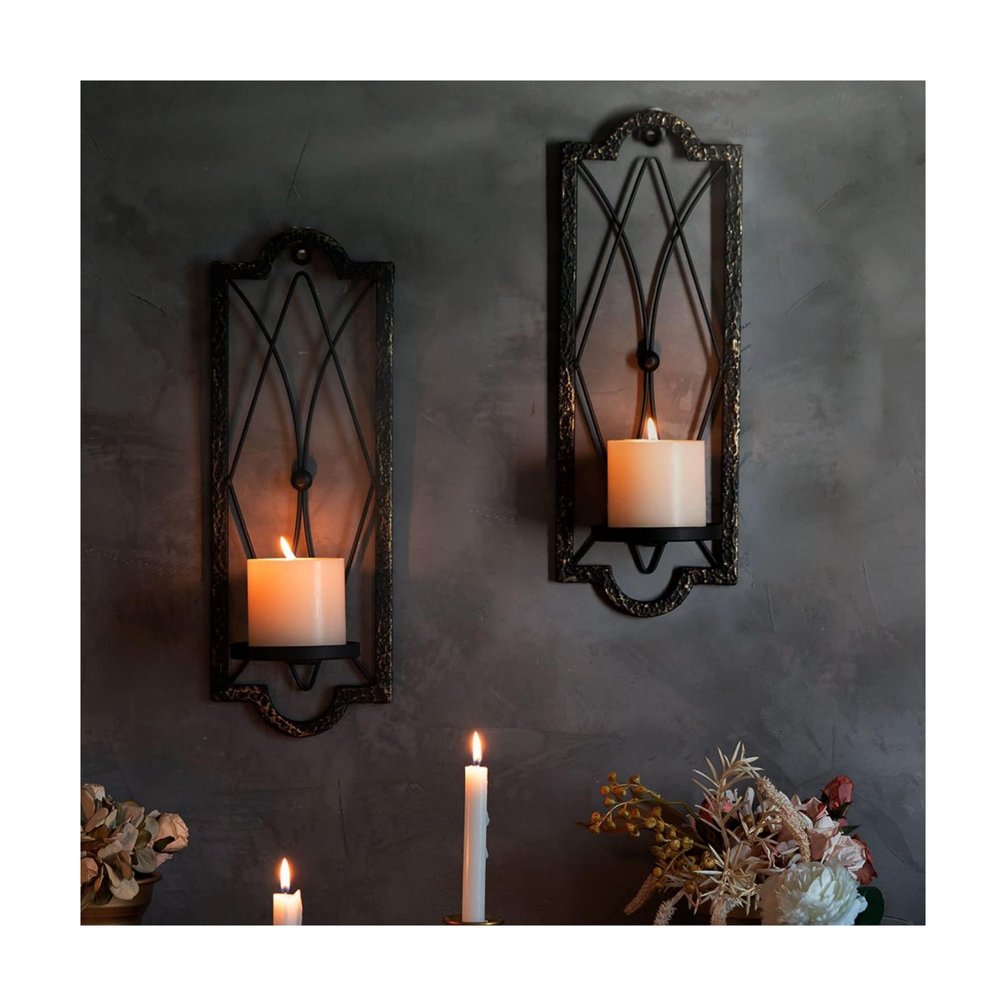 Gothic Candle Sconce Set of 2 -Gold Black Metal Wall Candle Holder-Rustic Home Deco,Dark Academia Decor