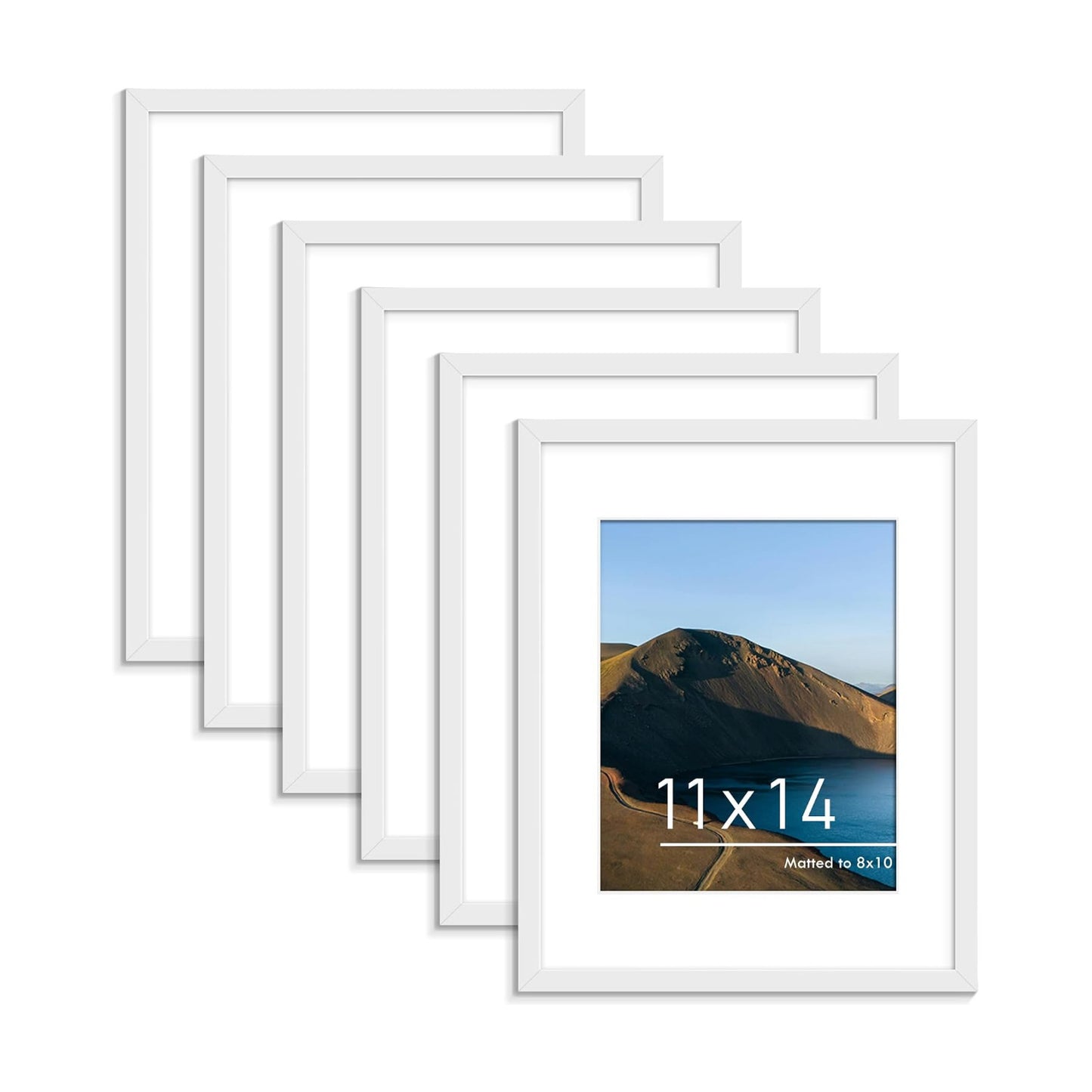 11x14 Picture Frame Set of 6,Wall or Tabletop,White Woodgrain | Display 8x10 with Mat or 11x14 Without Mat, Horizontal