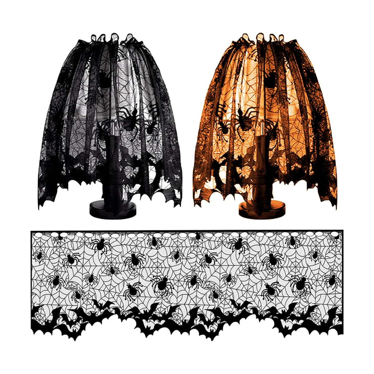 Lucleag 3Pcs Halloween Black Lace Spider Web Bat Lampshades Cover, 20x60 Inch Black Lace Lampshade Cover with Ribbon for Halloween Party Decorations Party Supplies Indoor Decor Supplies Gifts