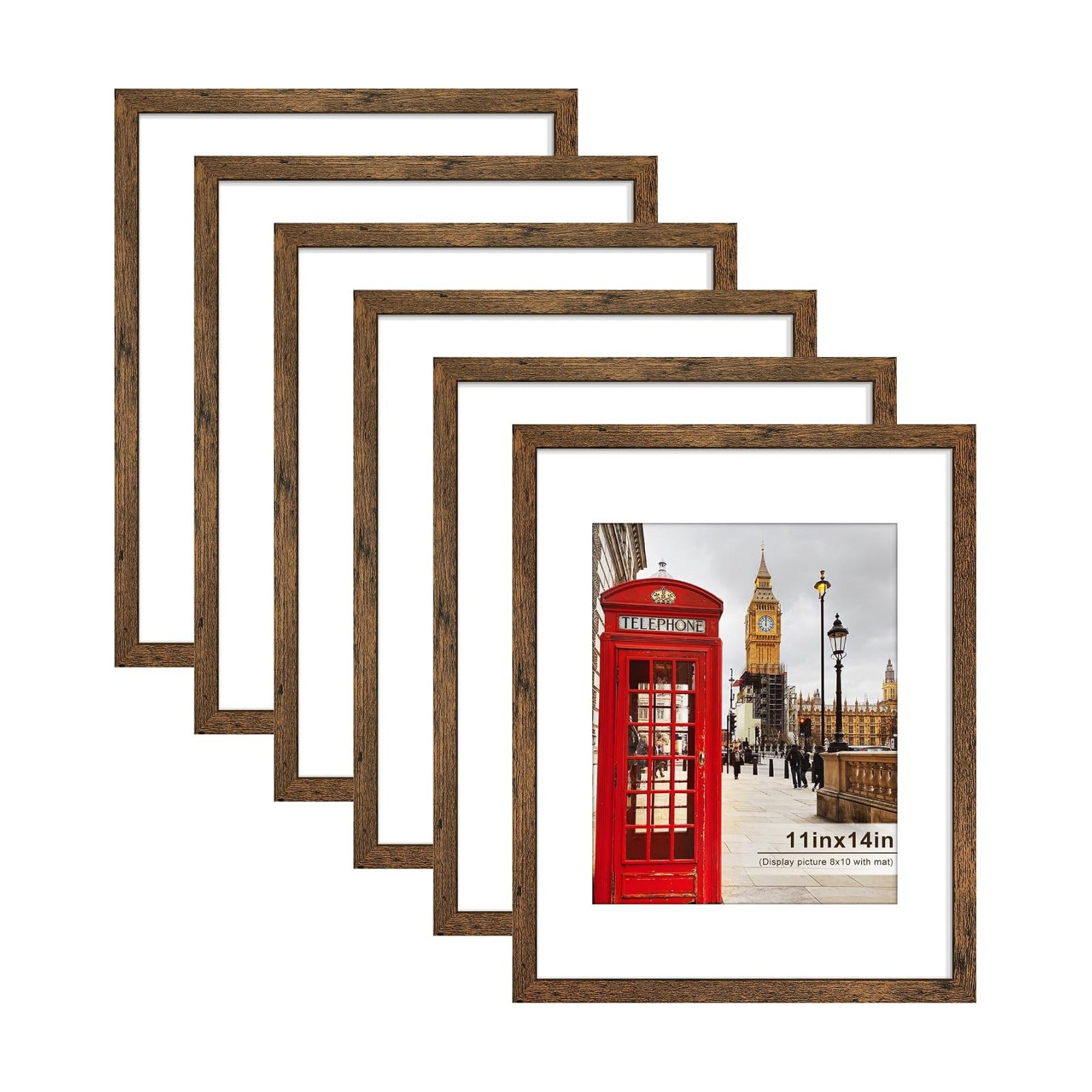11x14 Picture Frame Set of 6, Wall or Tabletop Display, Rustic Brown | Display Pictures 8x10 with Mat or 11x14 without
