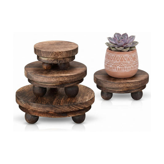 Mini Wooden Risers for Decor Small Round Pedestal Stand / Brown / 5/4/3 Inch / 3 Inch / Set of 3