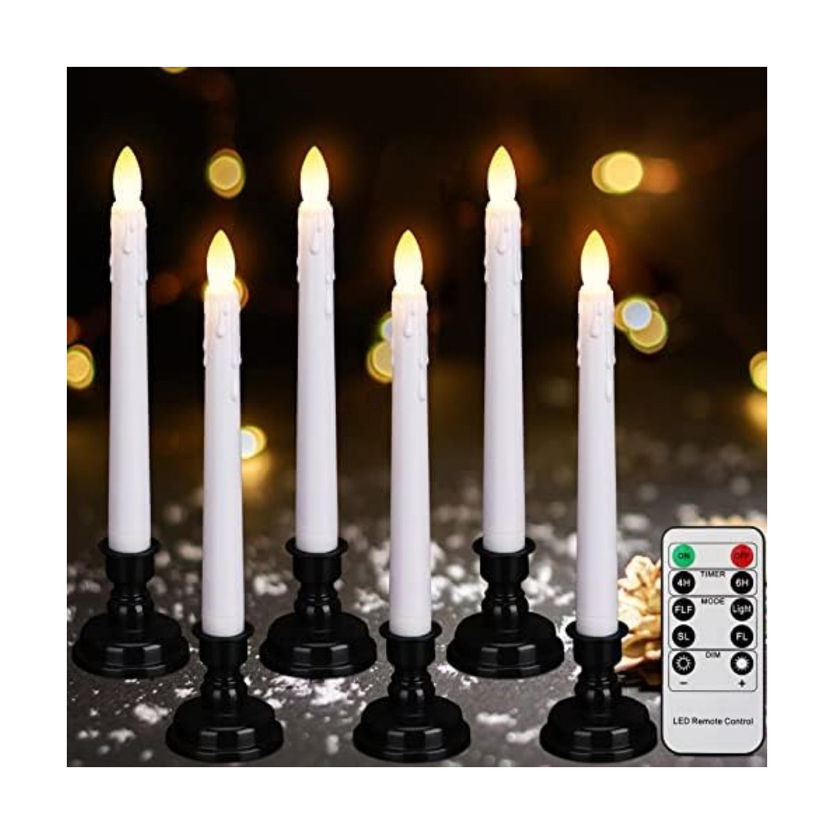 Daord LED Battery Operated Window Candle with Remote & Timer Flickering Warm Light Christmas Flameless Taper Candles for Party Holiday Wedding Home Table Decoration (Pack of 6,White+Black Holder(A))…