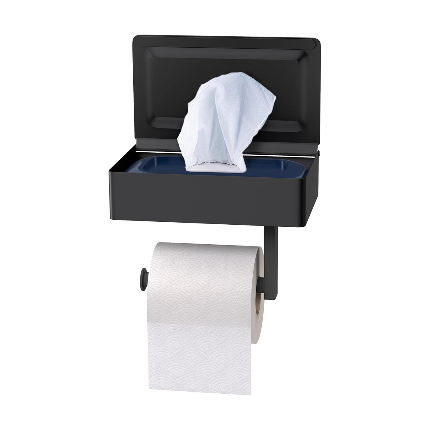Black Toilet Paper Holder Wall Mounted with Shelf & Wipes Storage – Stainless Steel SUS304 Modern Toilet Tissue Roll