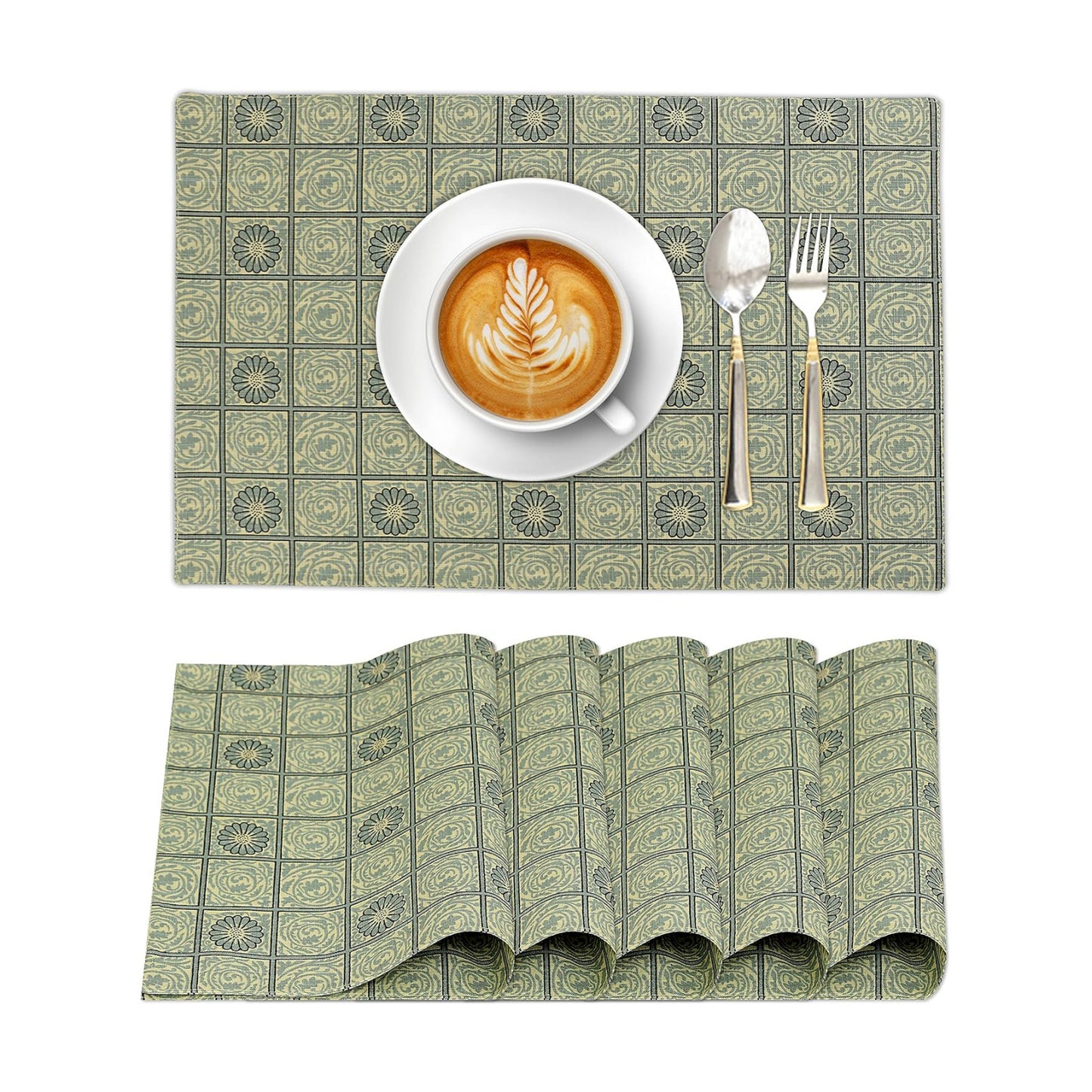 Ruvanti Placemats Set of 6, 100% Cotton Place Mats of 13"x19", Floral Tiles | Heat, Stain resistant, Washable