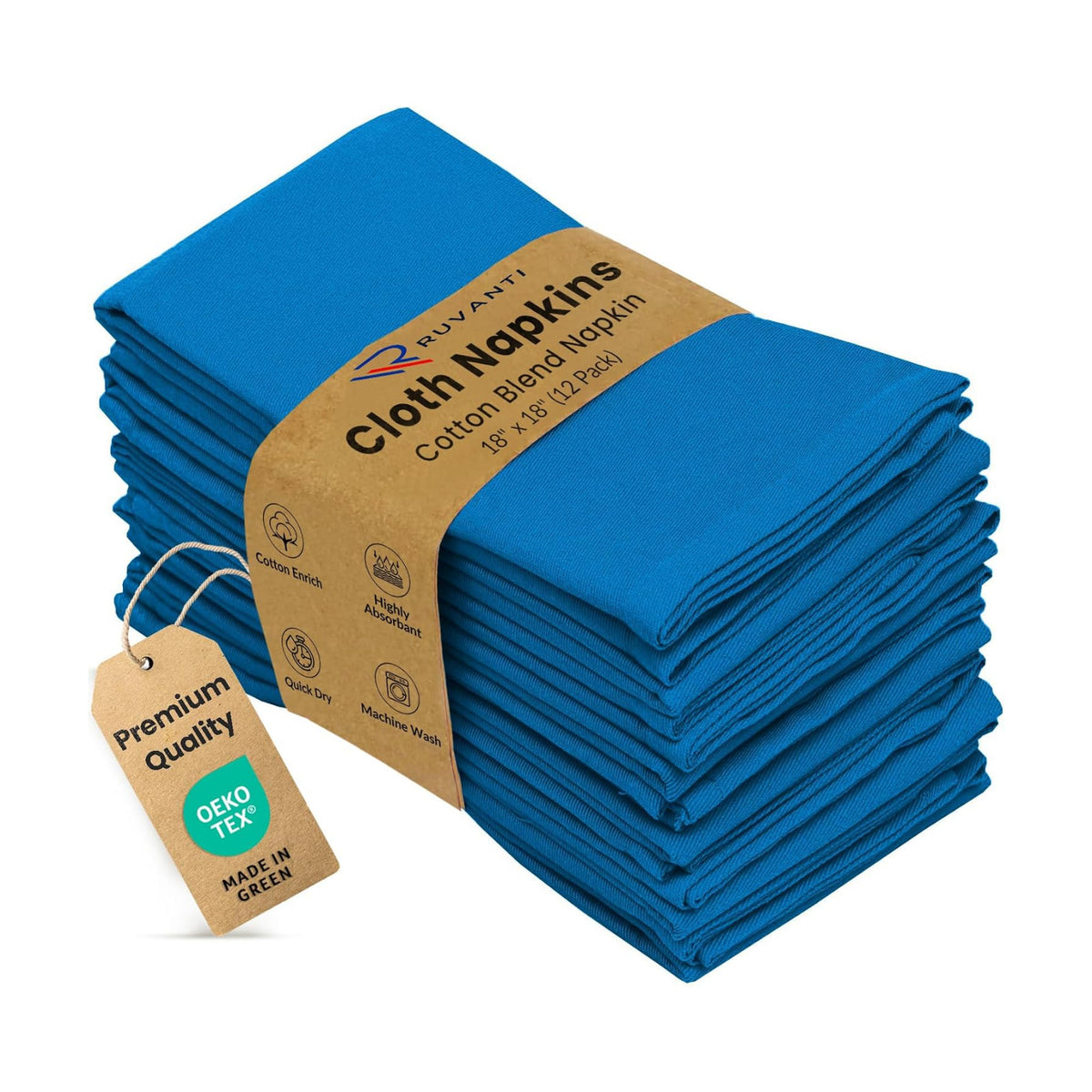 Ruvanti Cloth Napkins Set of 12, Cotton Enrich 18”x18” - Blue