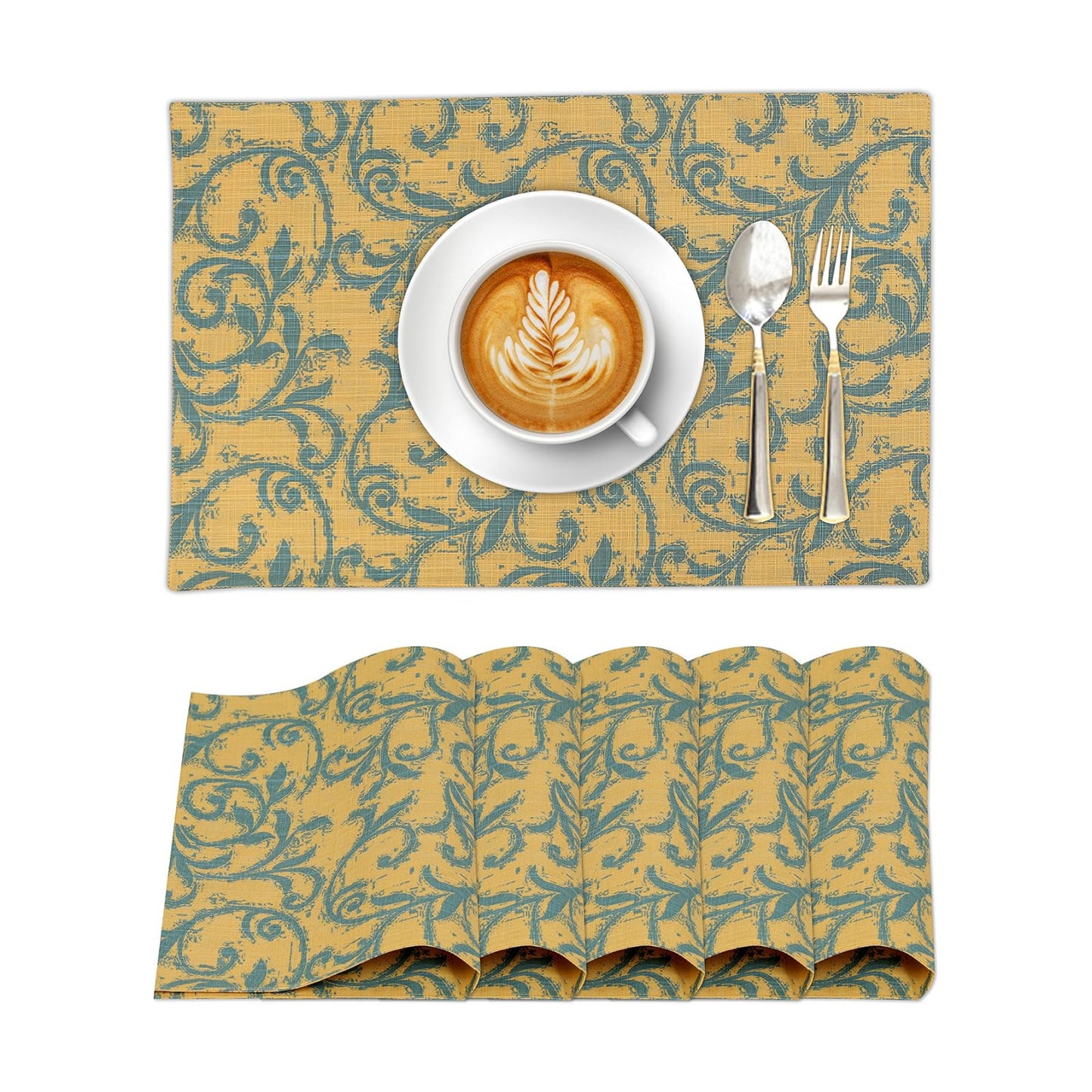 Ruvanti Placemats Set of 6, 100% Cotton Place Mats of 13"x19", Vine Spirals | Heat, Stain resistant, Washable