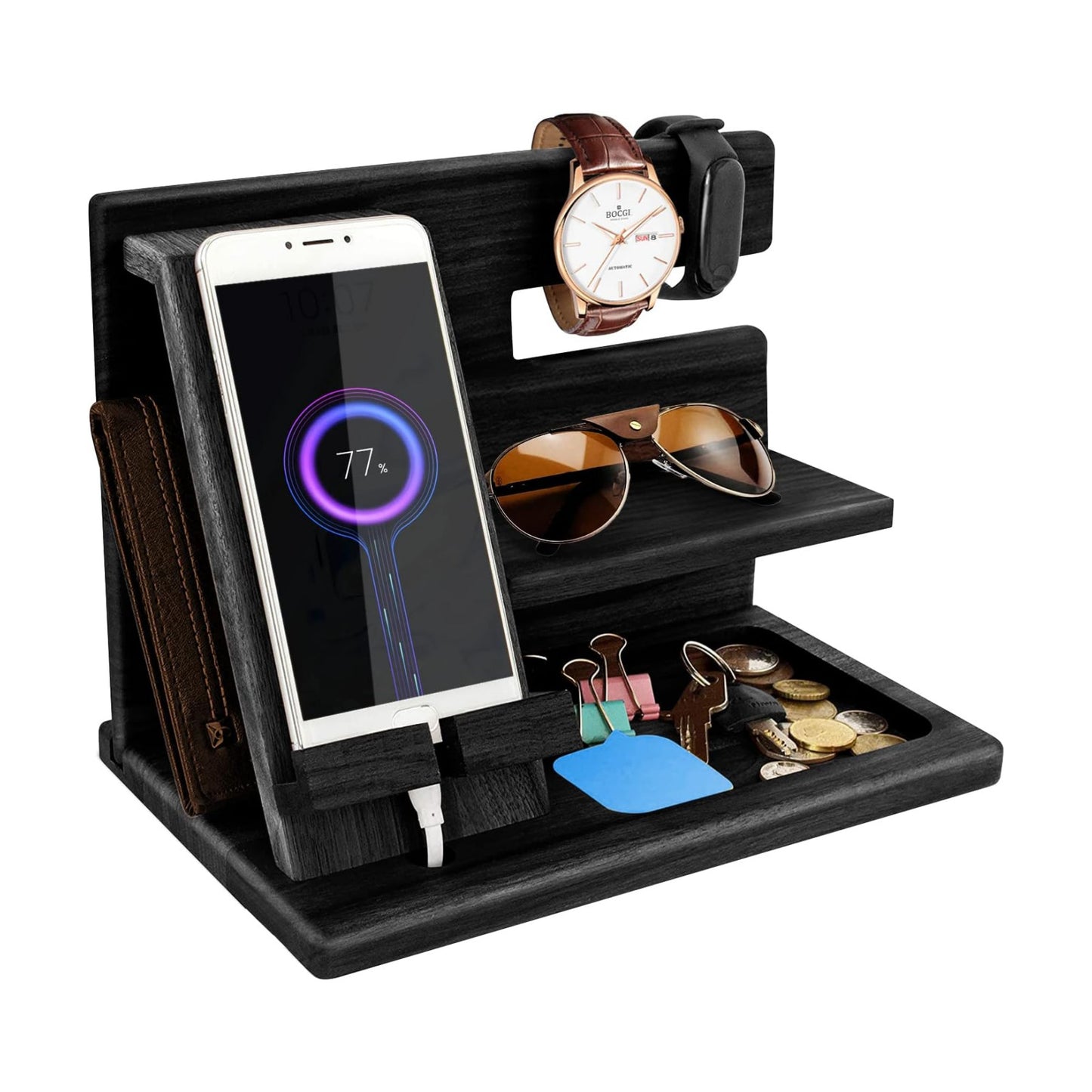 Gifts for Men Bedside Organiser Wood Phone Docking Station Dad Birthday Gifts for Him Nightstand Key Wallet Watch Stand