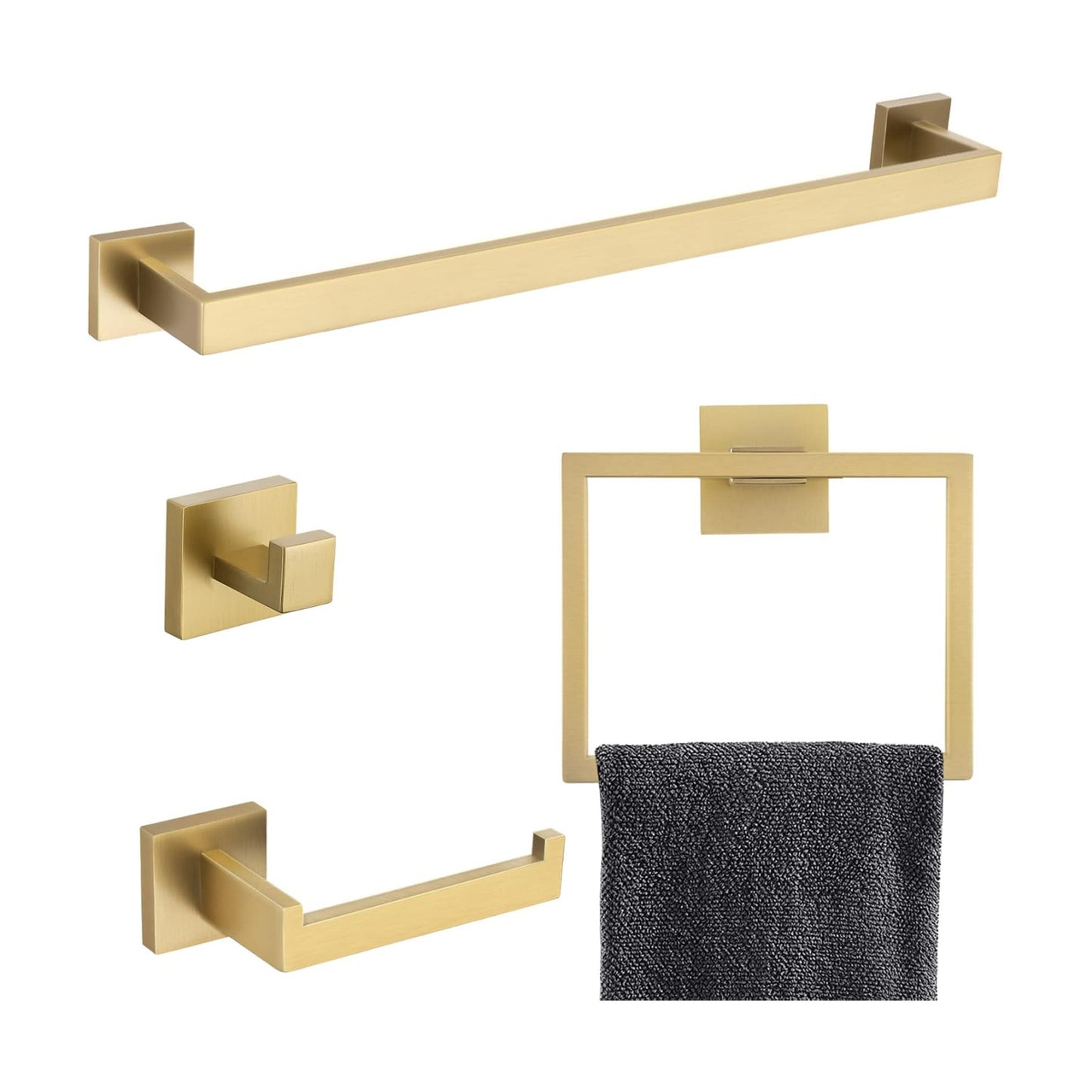 Brushed Gold Bathroom Towel Bar Sets Premium Stainless Steel 4-Piece Bathroom Hardware Set Wall Mounted Square Bathroom