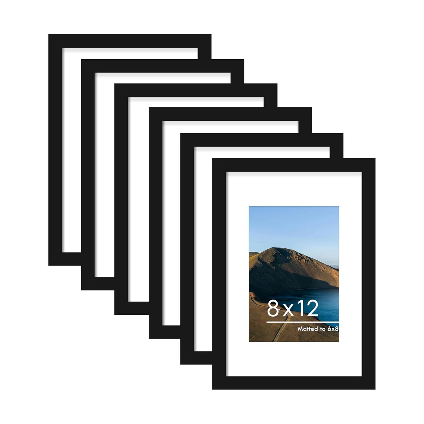 8x12 Picture Frame Set of 6, Wall or Tabletop Display, Black | Display 6x8 with Mat or 8x12 Without Mat, Horizontal or