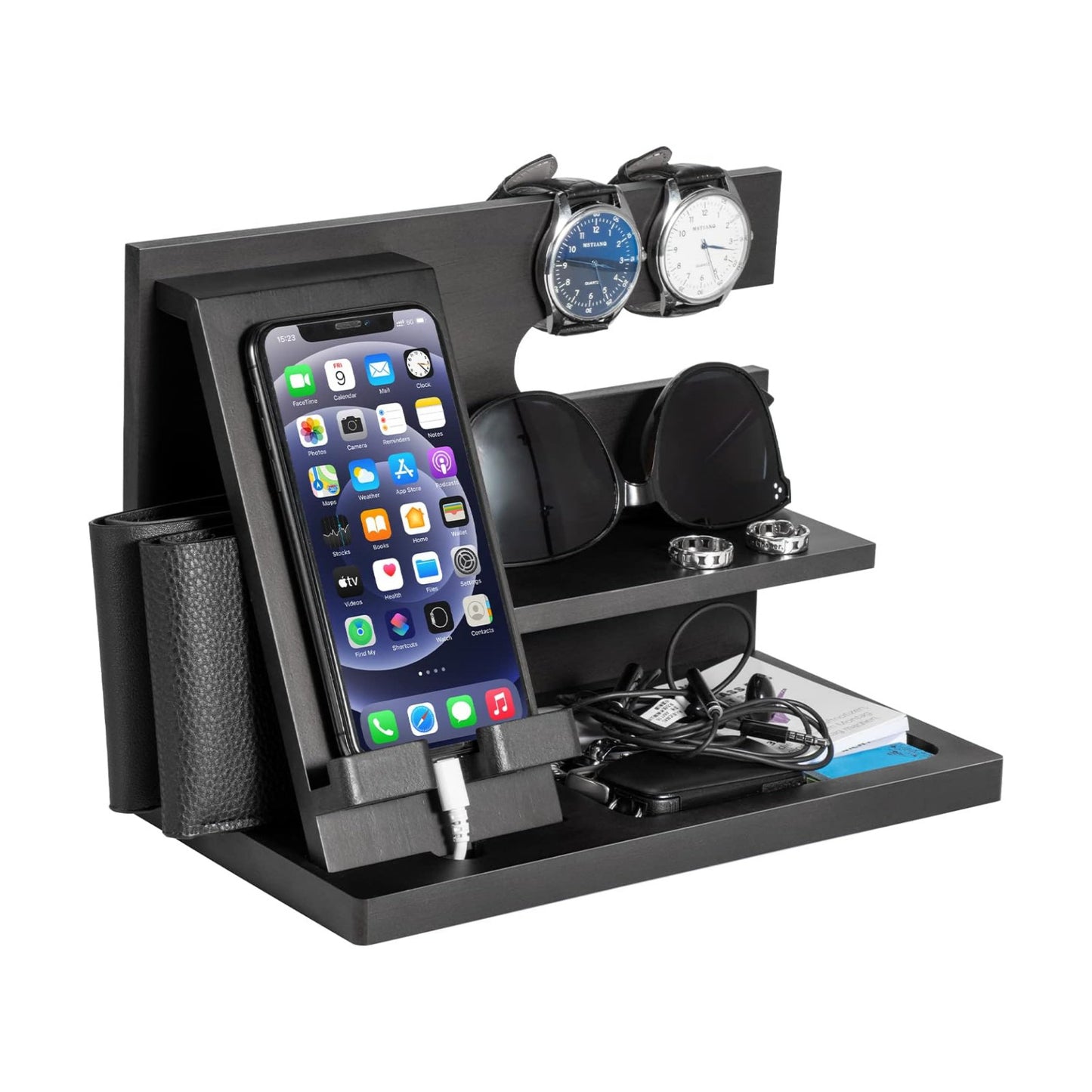 Wood Phone Docking Station - Gifts for Men Desk or Nightstand Organizer - Birthday Gifts for Husband, Fathers Day for