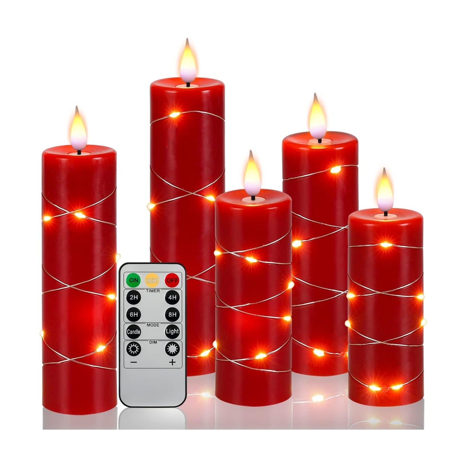 Red Flameless Candle with Remote Control LED Candle with String Lights Battery Powered Flameless Candle4'' 5'' 6'' 7''