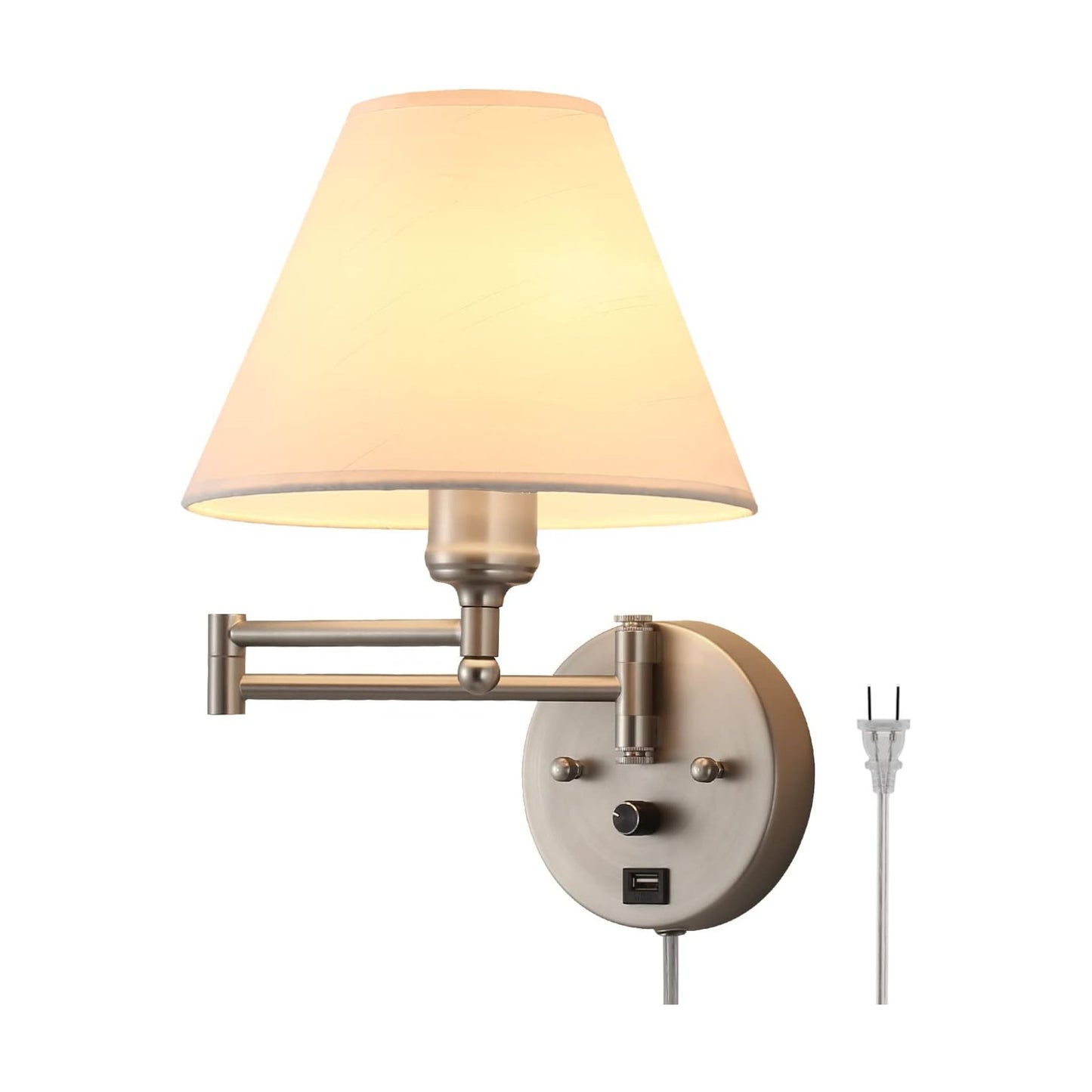 Swing Arm Wall Sconces, Plug-in Wall lamp,Bedroom Wall lamp ， White Fabric Shade，，with dimmable Switch and USB Charging