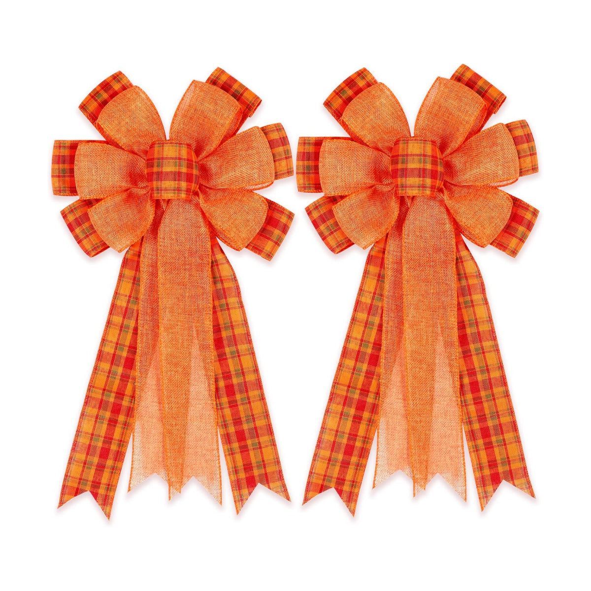 2 Pack Fall Bows for Wreaths Decorations for Home, Halloween Tree Topper Bow, Thanksgiving Bow with Orange Buffalo Plaid Burlap Front Door Outdoor