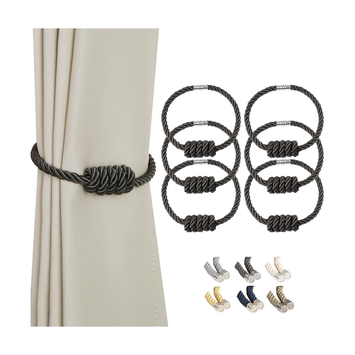 BEL AVENIR Magnetic Curtain Tiebacks 6 Pack Hand-Woven Curtain Ties | Charcoal Decorative Curtain Holdbacks Bohemian