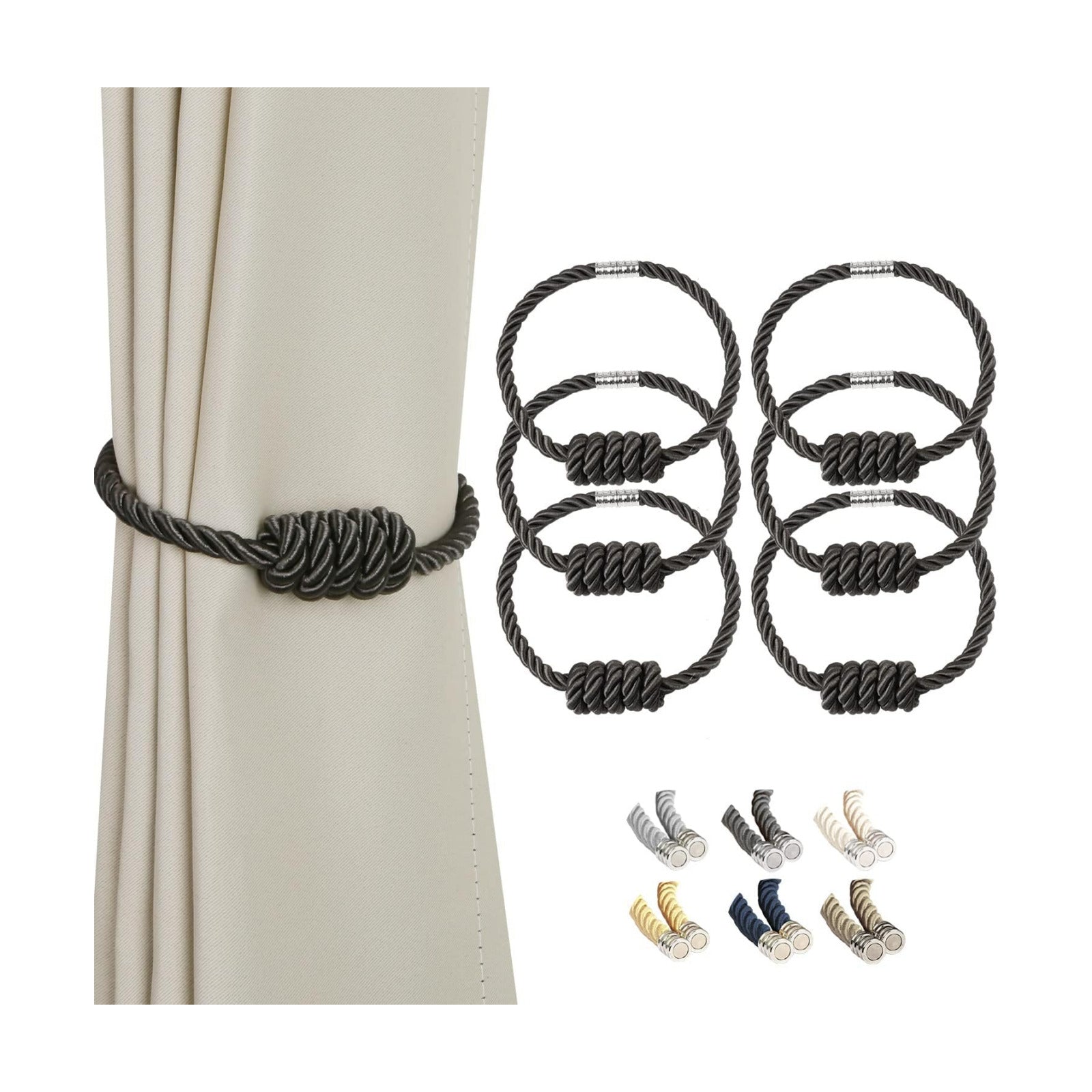 BEL AVENIR Magnetic Curtain Tiebacks 6 Pack Hand-Woven Curtain Ties | Charcoal Decorative Curtain Holdbacks Bohemian