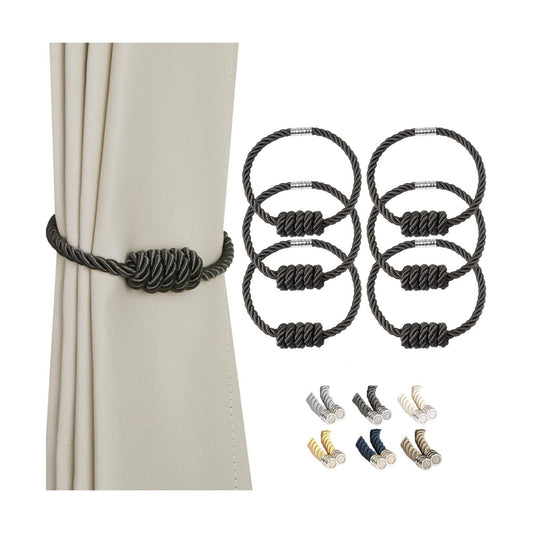 BEL AVENIR Magnetic Curtain Tiebacks 6 Pack Hand-Woven Curtain Ties | Charcoal Decorative Curtain Holdbacks Bohemian