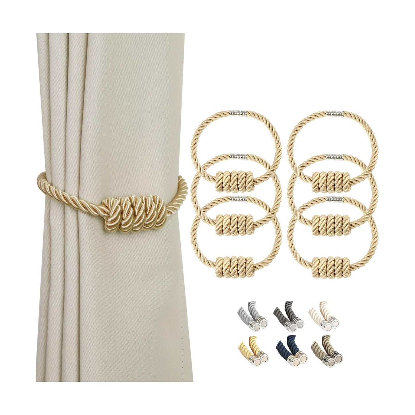 BEL AVENIR Magnetic Curtain Tiebacks 6 Pack Hand-Woven Curtain Ties | Gold Decorative Curtain Holdbacks Bohemian Style