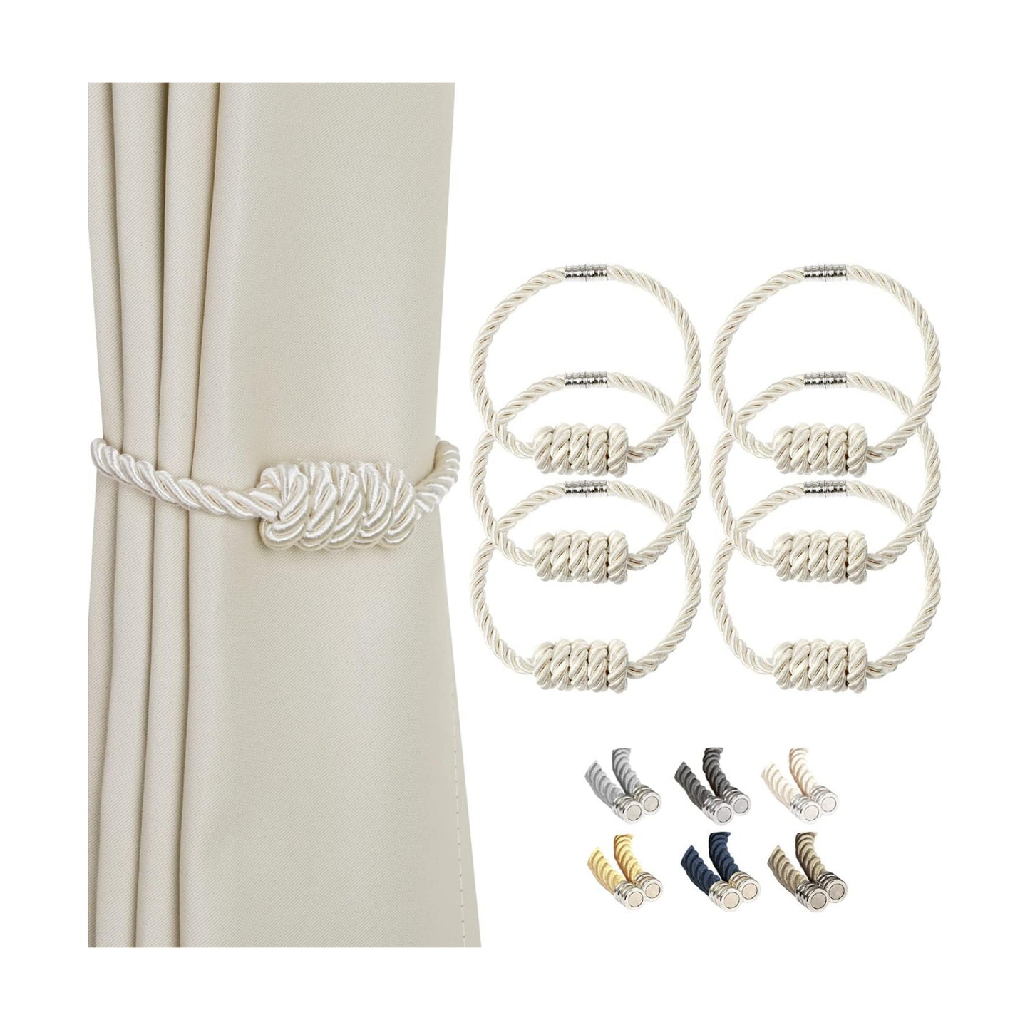 BEL AVENIR Magnetic Curtain Tiebacks 6 Pack Hand-Woven Curtain Ties | Beige Decorative Curtain Holdbacks Bohemian Style