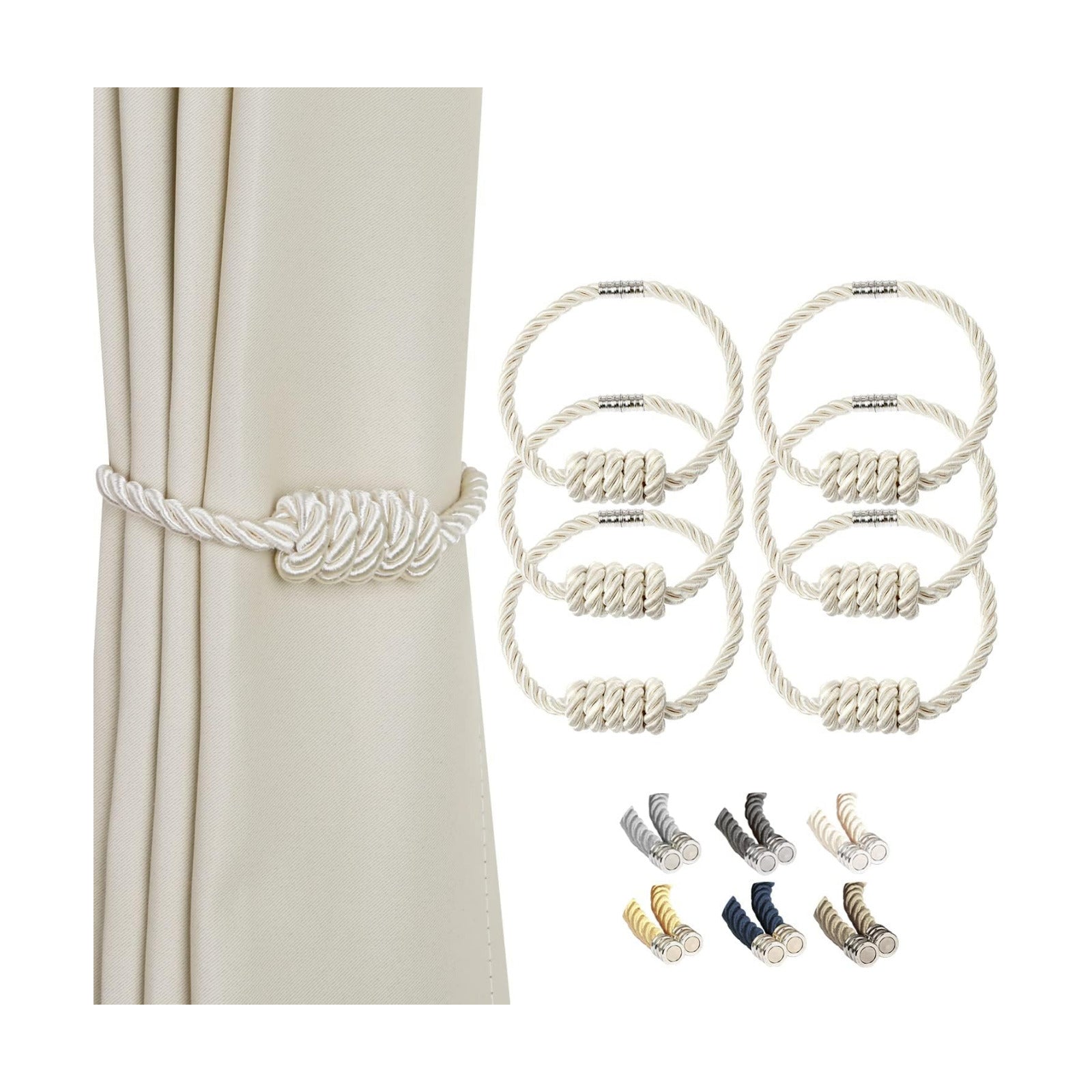BEL AVENIR Magnetic Curtain Tiebacks 6 Pack Hand-Woven Curtain Ties | Beige Decorative Curtain Holdbacks Bohemian Style