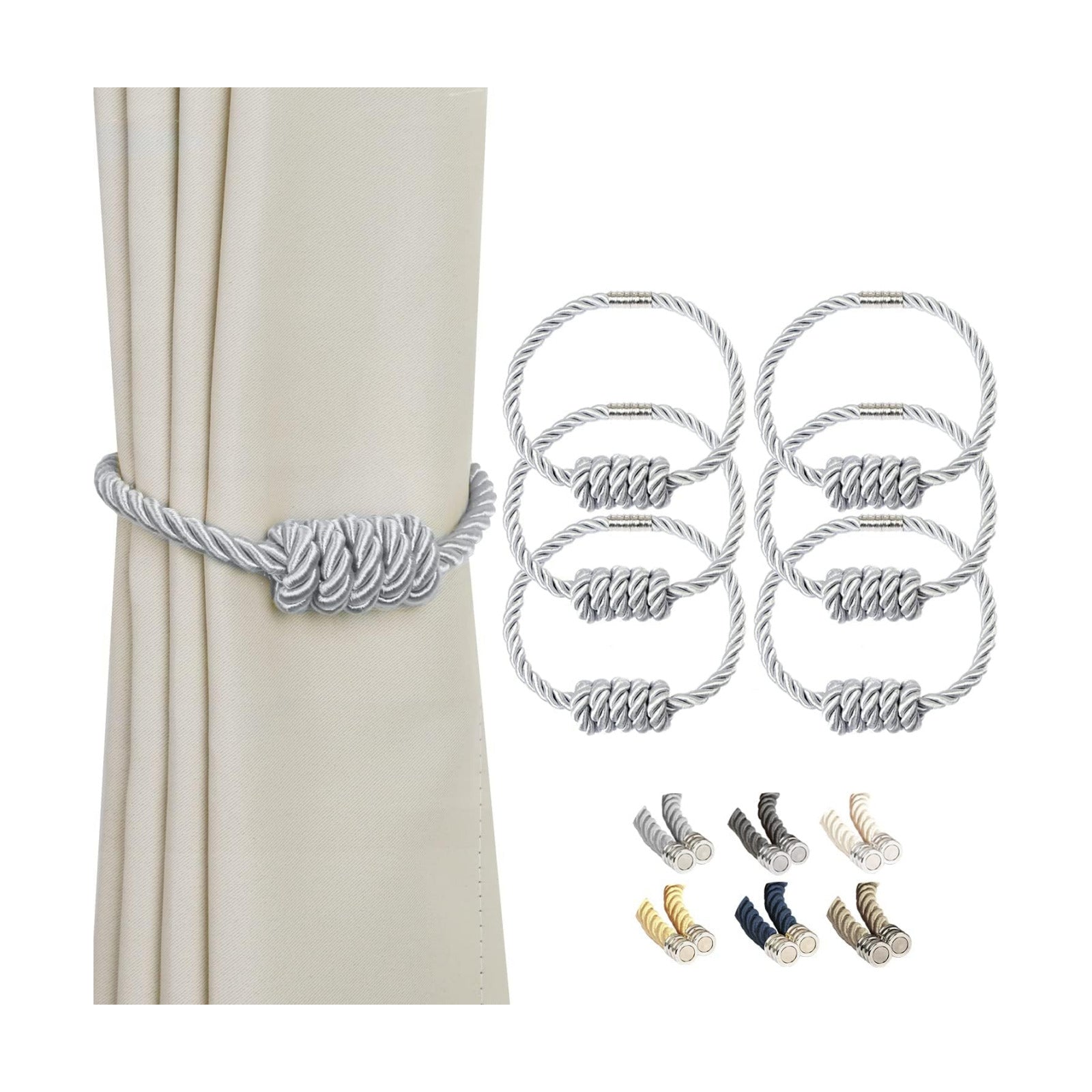BEL AVENIR Magnetic Curtain Tiebacks 6 Pack Hand-Woven Curtain Ties | Silver Decorative Curtain Holdbacks Bohemian