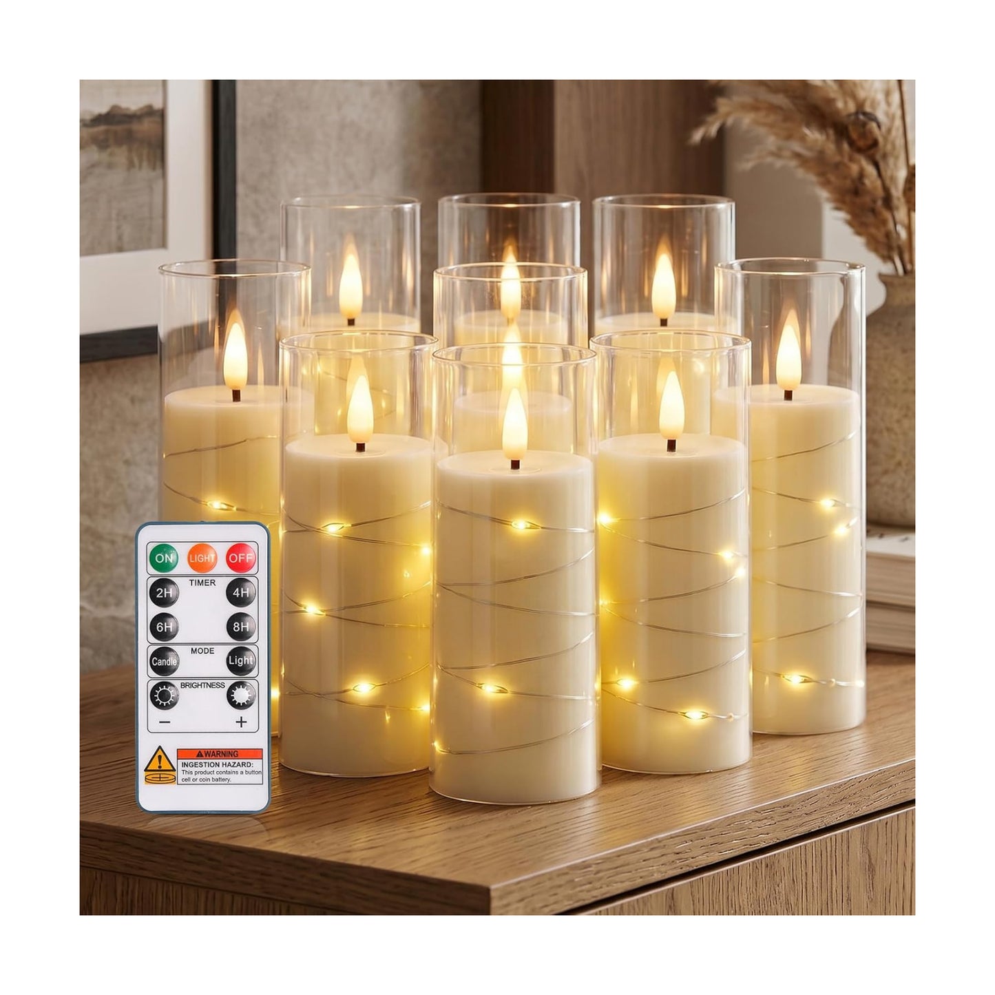 Homemory Flameless Candles with Remote Timer, Clear Acrylic Flickering LED Pillar Candles with Embedded Fairy String