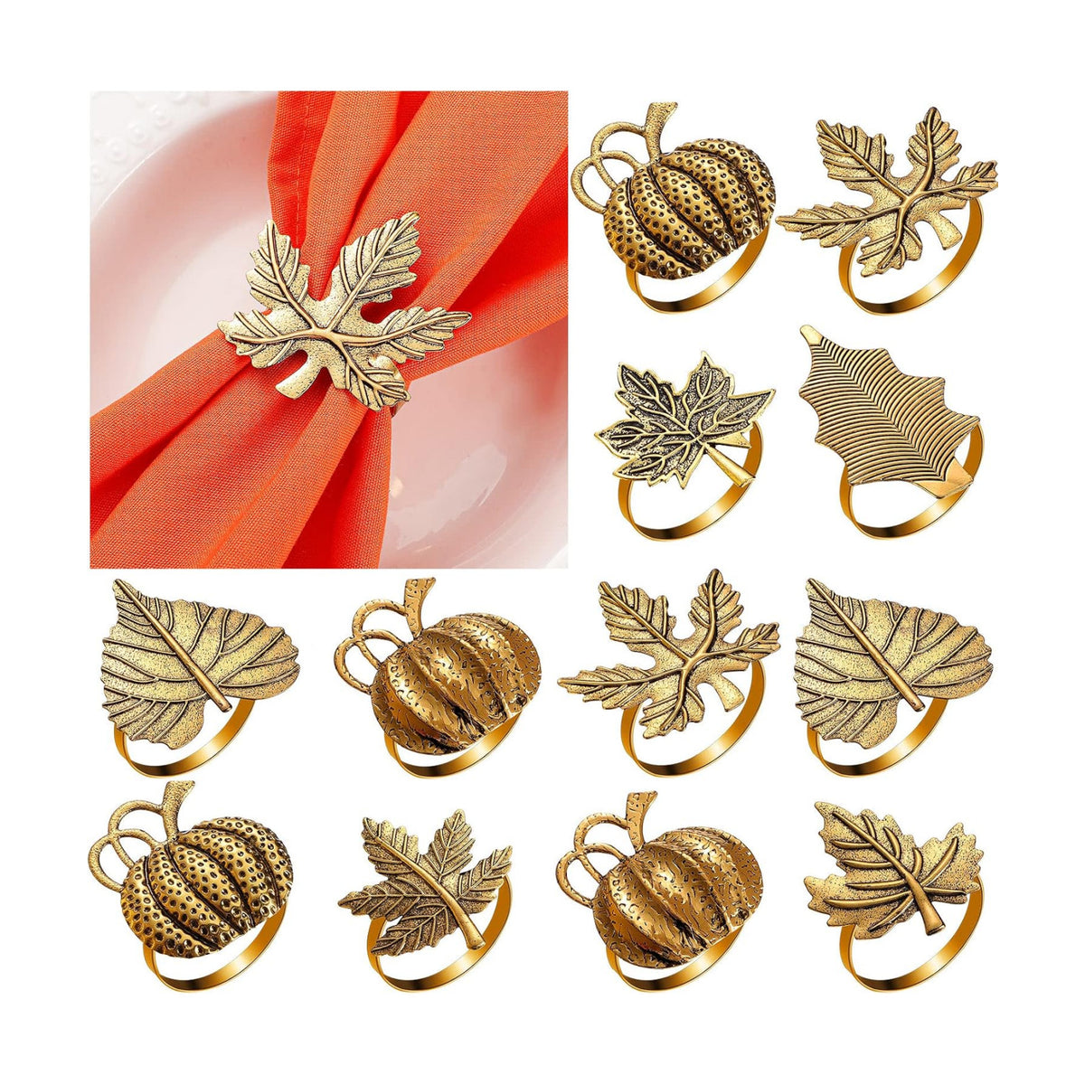 WILLBOND 12 Pcs Thanksgiving Napkin Rings Set Fall Pumpkin Leaf Holders