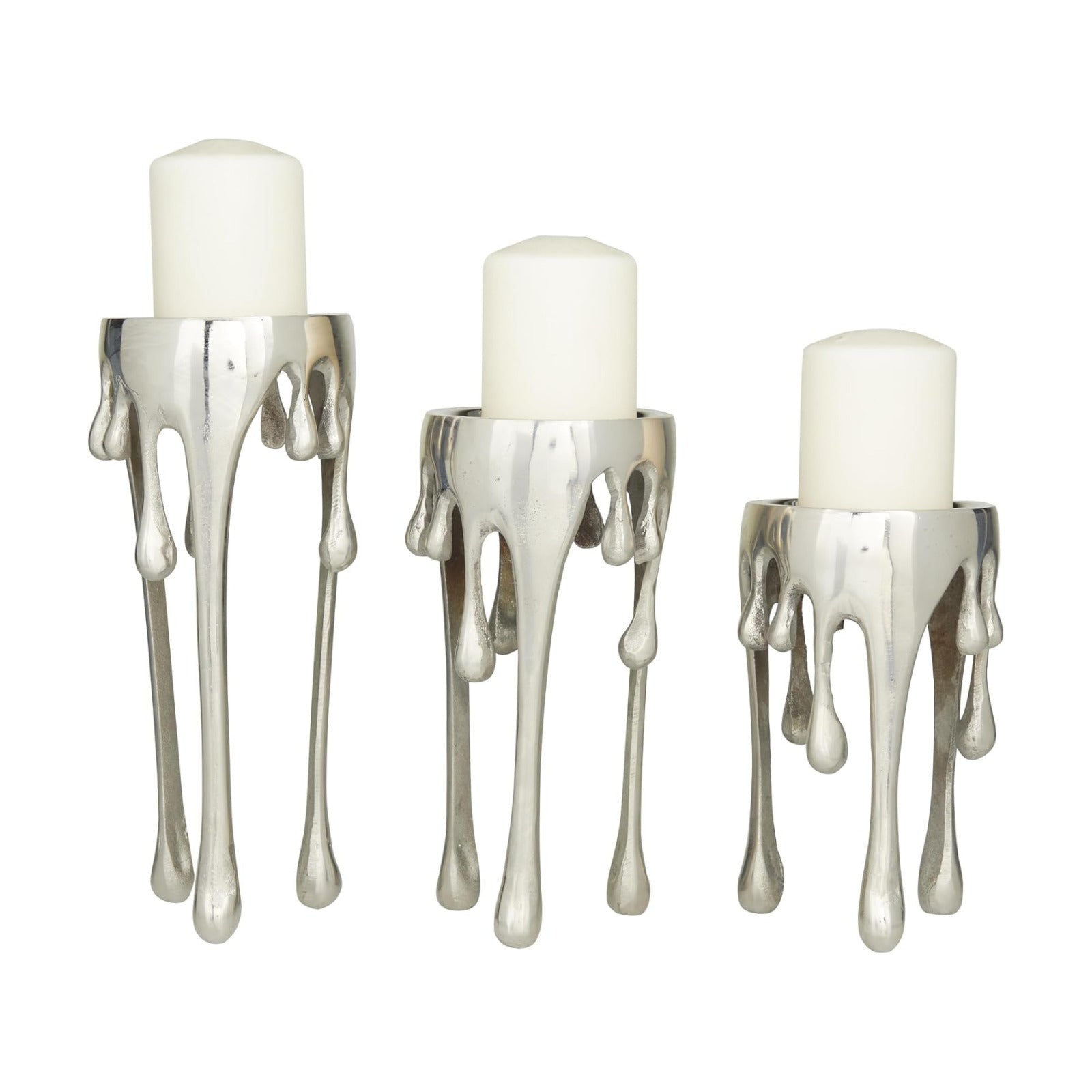 CosmoLiving by Cosmopolitan Aluminum Metal Abstract Decorative Candle Holder Melting Drip Candle Stand, Set of 3