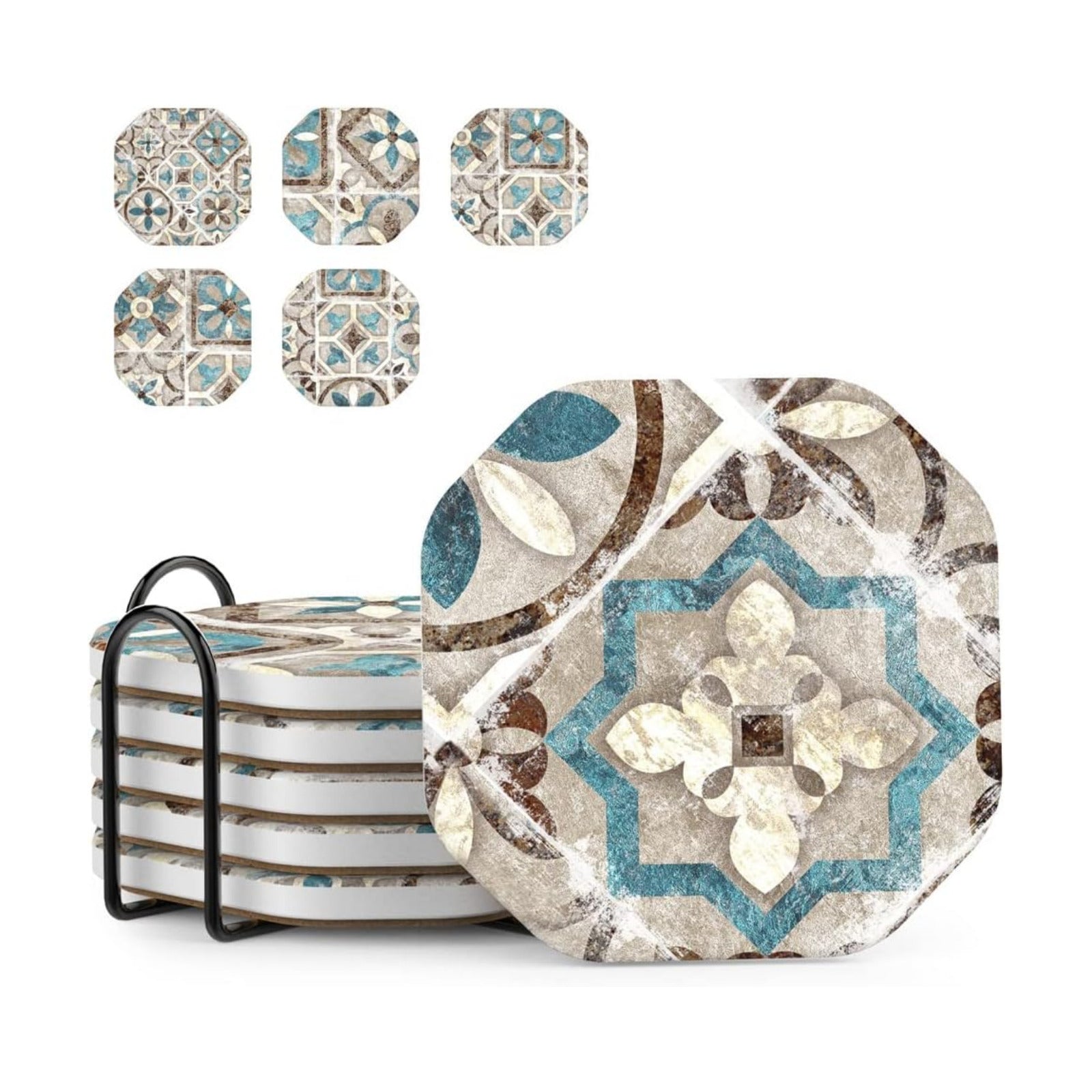 Absorbent Cup Mats for Wooden / W/ Holder / 01. Mandala / Set of 6