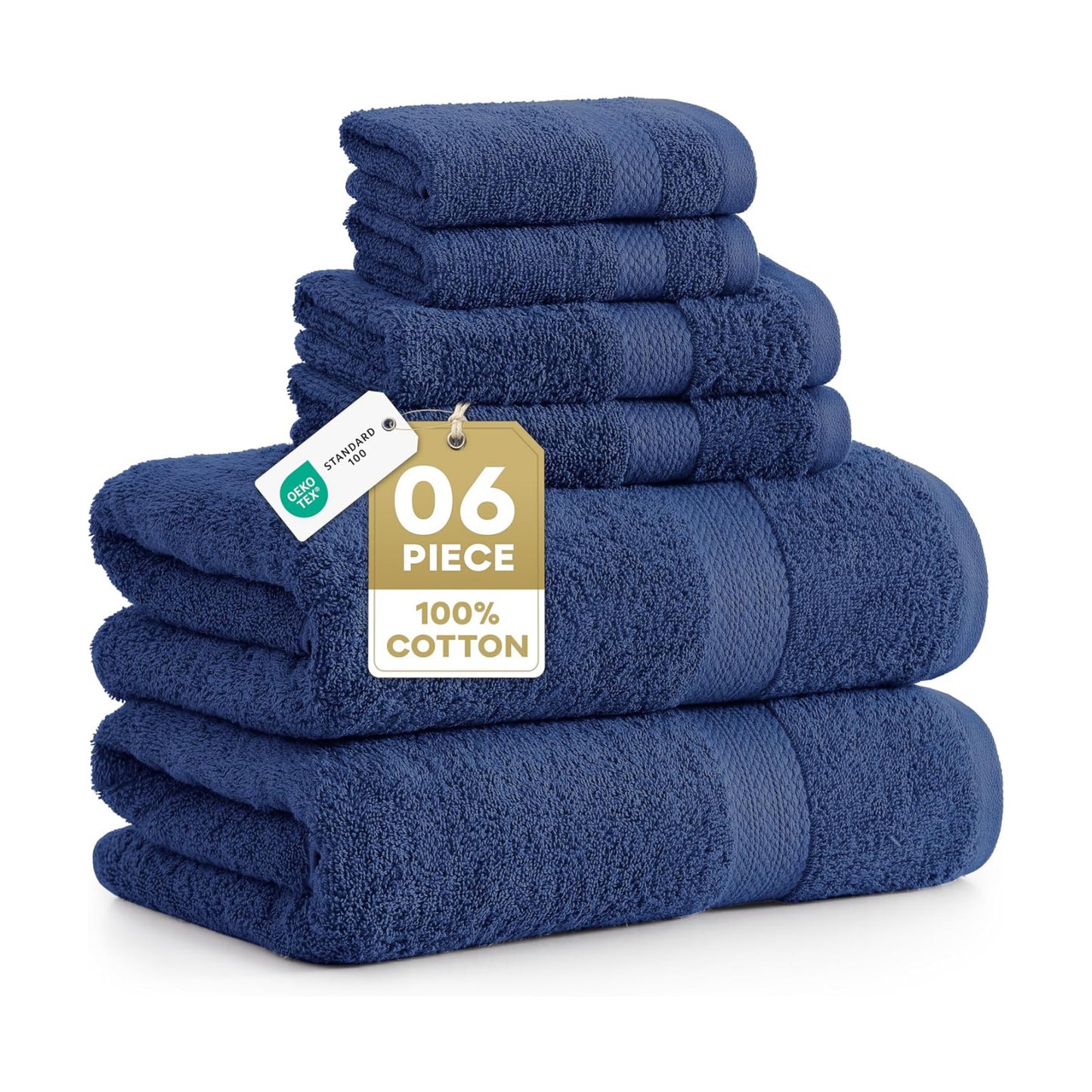 LANE LINEN Bath Towel Set Absorbent Quick Dry 100% Cotton 6 Piece - Navy | Cotton Towels For Bathroom - OEKO-TEX