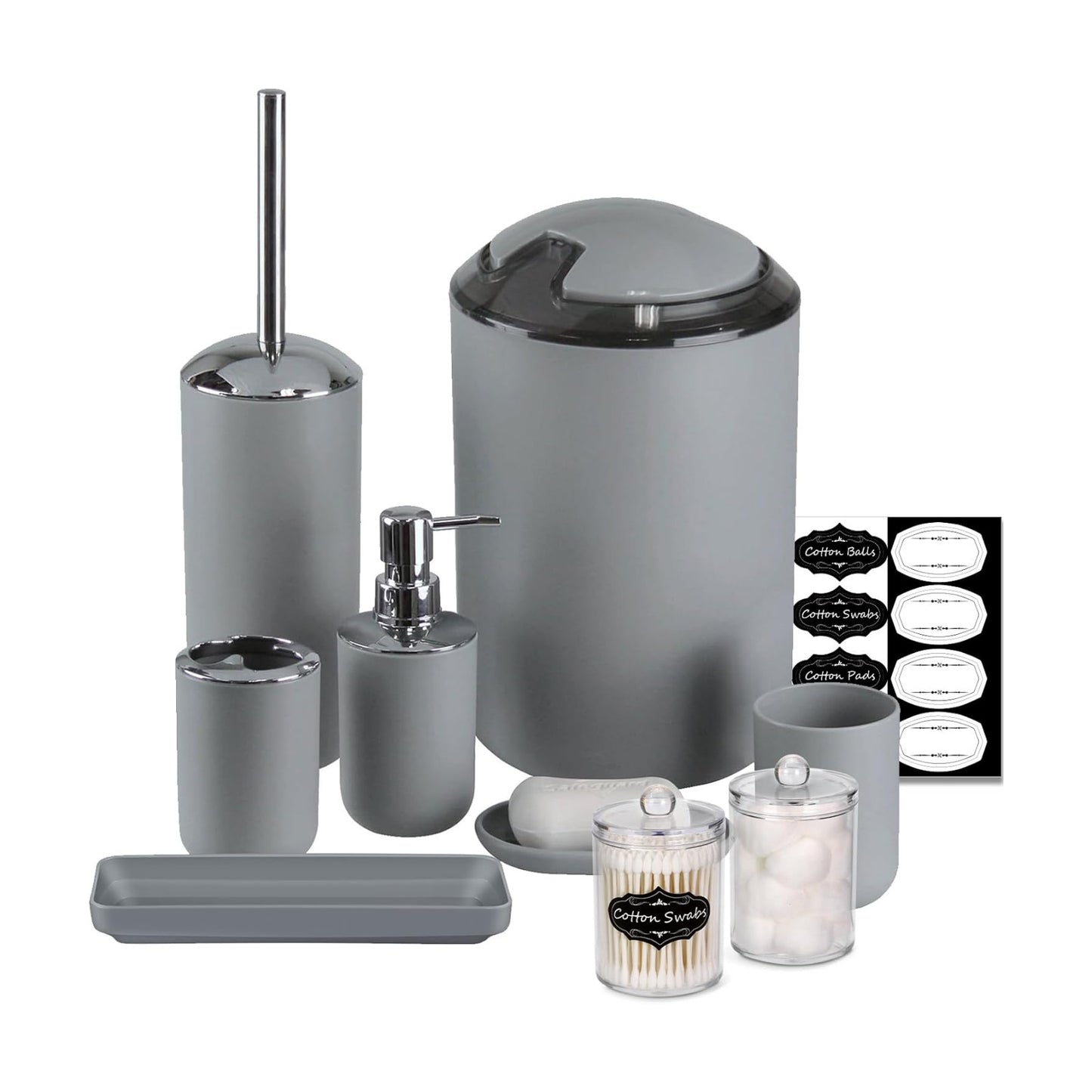 IMAVO Bathroom Accessories Set,Grey Bathroom Set,9 Pieces Bathroom Accessory Set,Tray,Qtip Holders,Toilet Brush,Trash