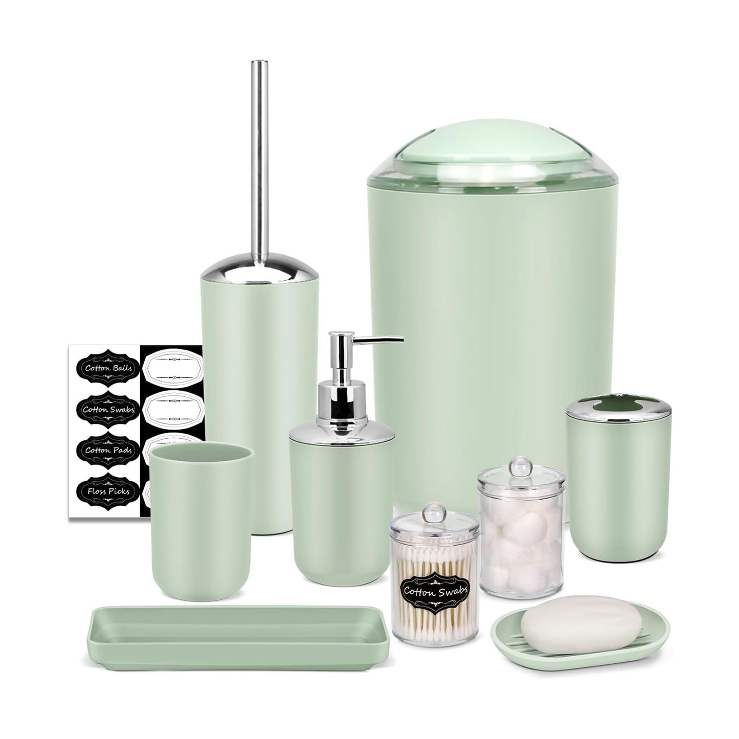 IMAVO Bathroom Accessories Set,Green Bathroom Set,9 Pieces Bathroom Accessory Set,Tray,Qtip Holders,Toilet Brush,Trash