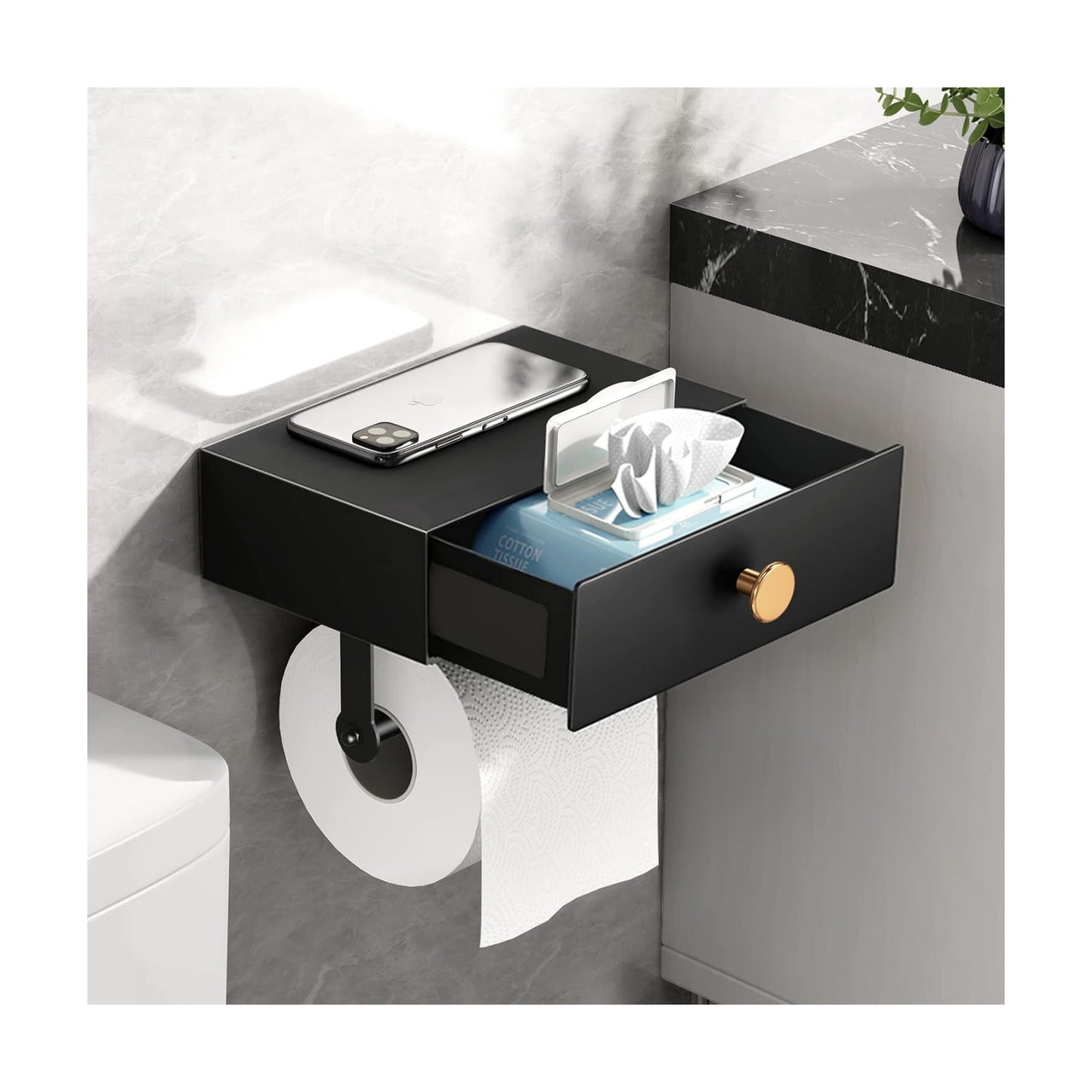 VOLDRA Toilet Paper Holder with Shelf Black Wipes Dispenser for Bathroom Stainless Steel Toilet Paper Holder with