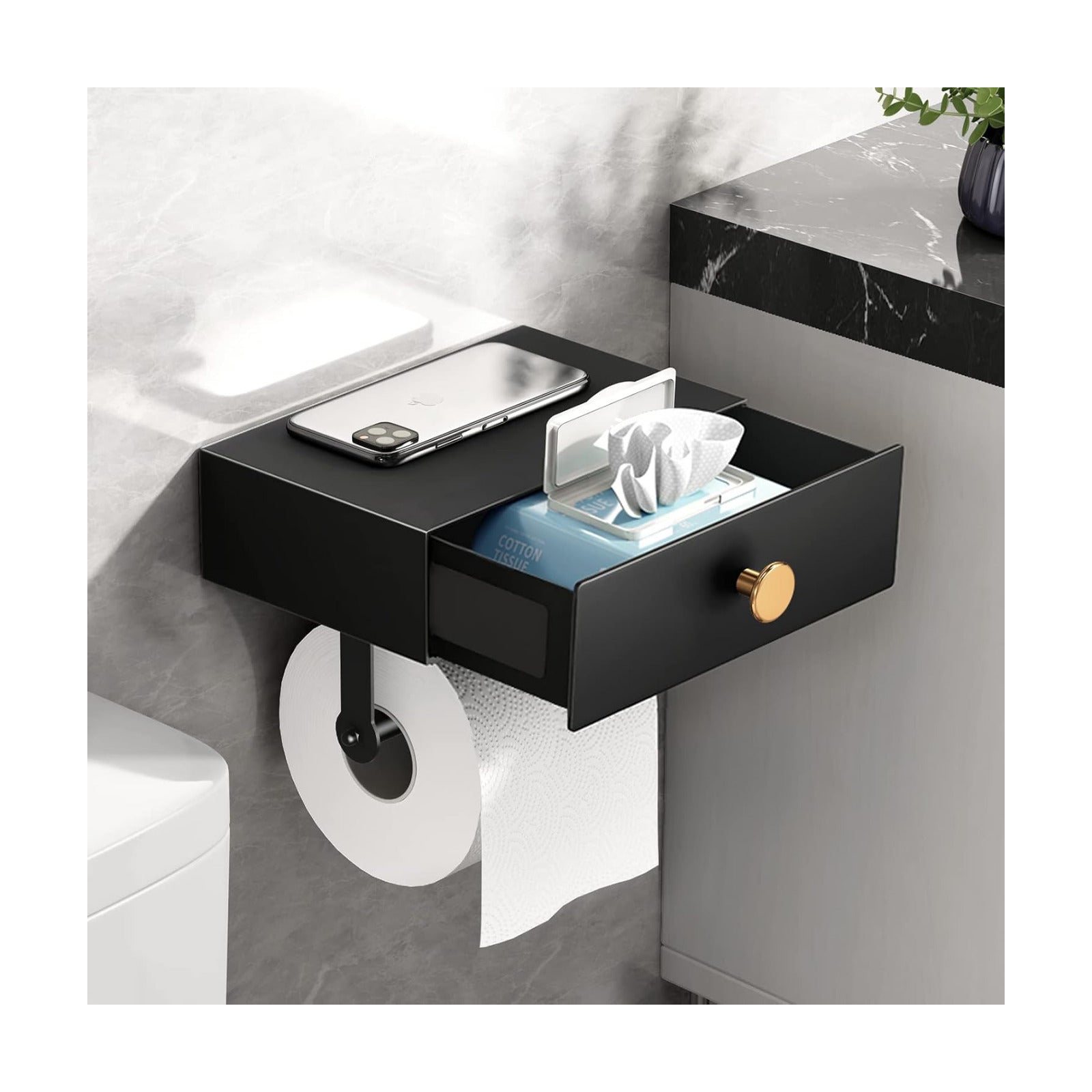 VOLDRA Toilet Paper Holder with Shelf Black Wipes Dispenser for Bathroom Stainless Steel Toilet Paper Holder with