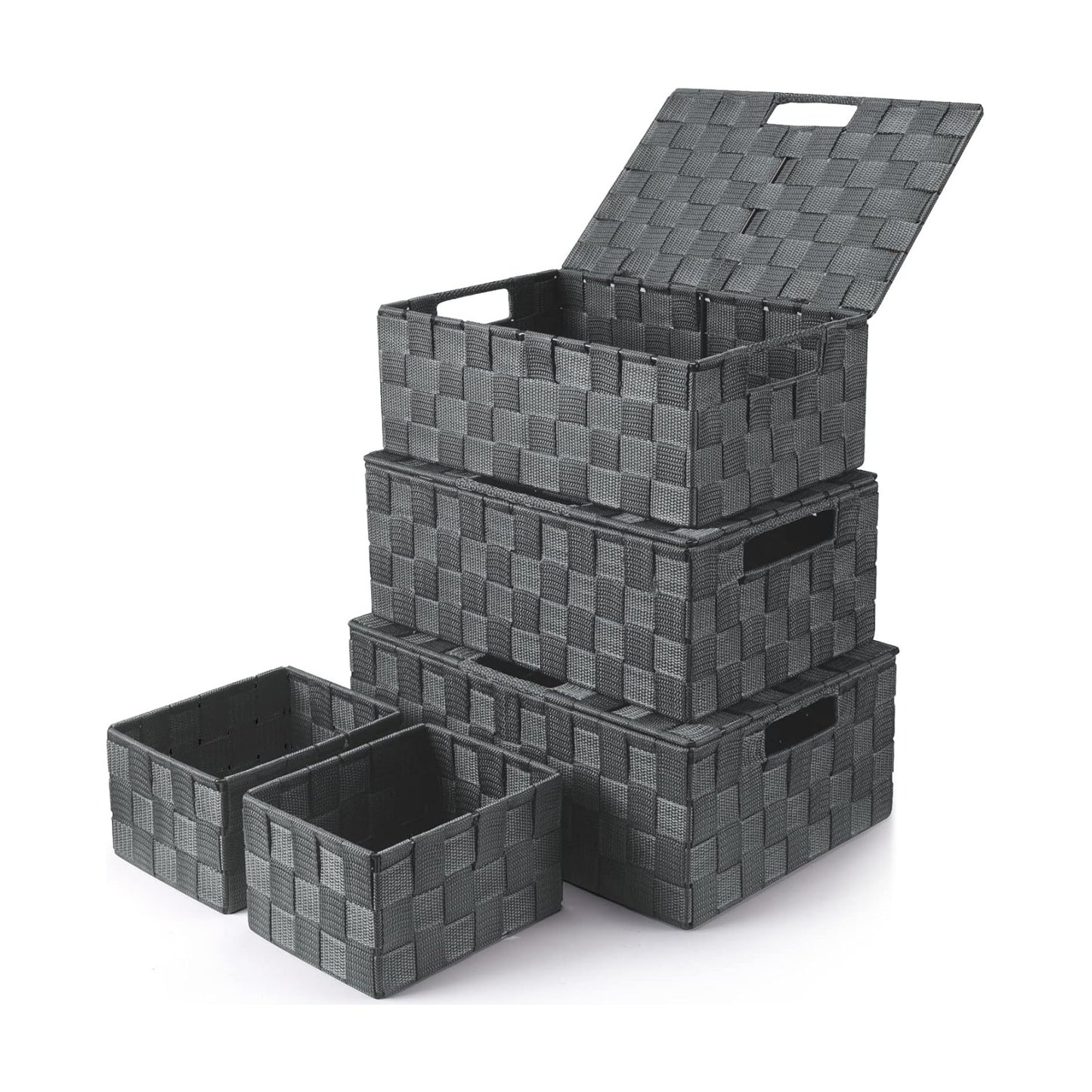 Woven Storage Box Organizer Containers Decorative Baskets Cube / Grey / with Lids / Set of 5