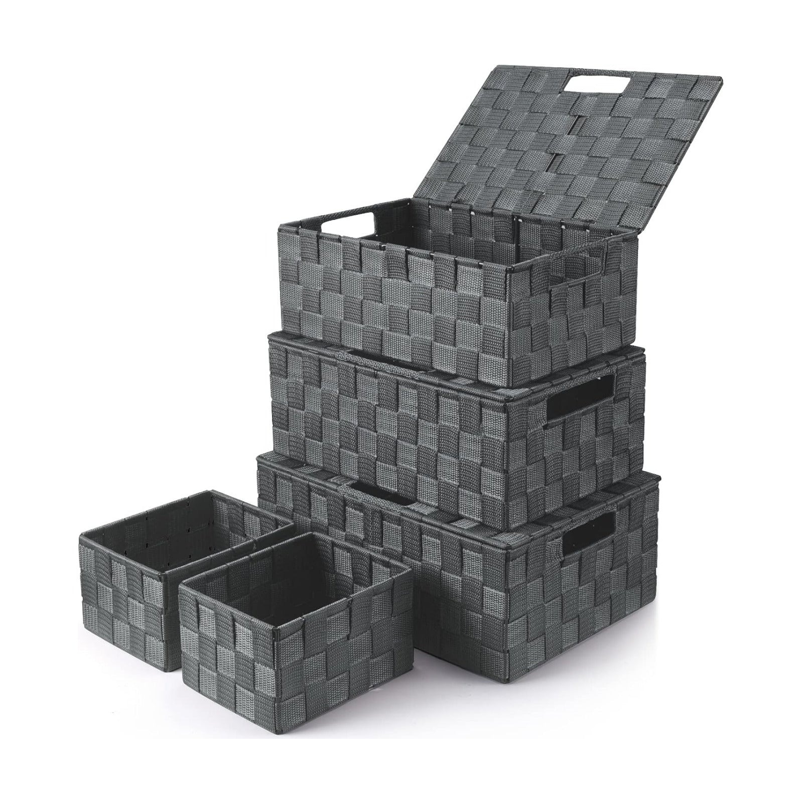 Woven Storage Box Organizer Containers Decorative Baskets Cube / Grey / with Lids / Set of 5