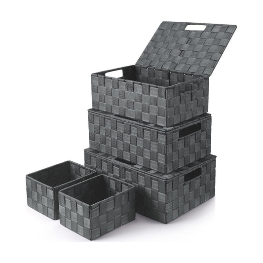 Woven Storage Box Organizer Containers Decorative Baskets Cube / Grey / with Lids / Set of 5