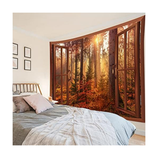 HVEST Fall Tapestry Autumn Maple Tree Forest Scenery outside Window Tapestry for Bedroom, Rustic Thanksgiving Wall Tapestries for Home Living Room Dorm Holiday Wall Decor, 92.5W X 70.9H Inches