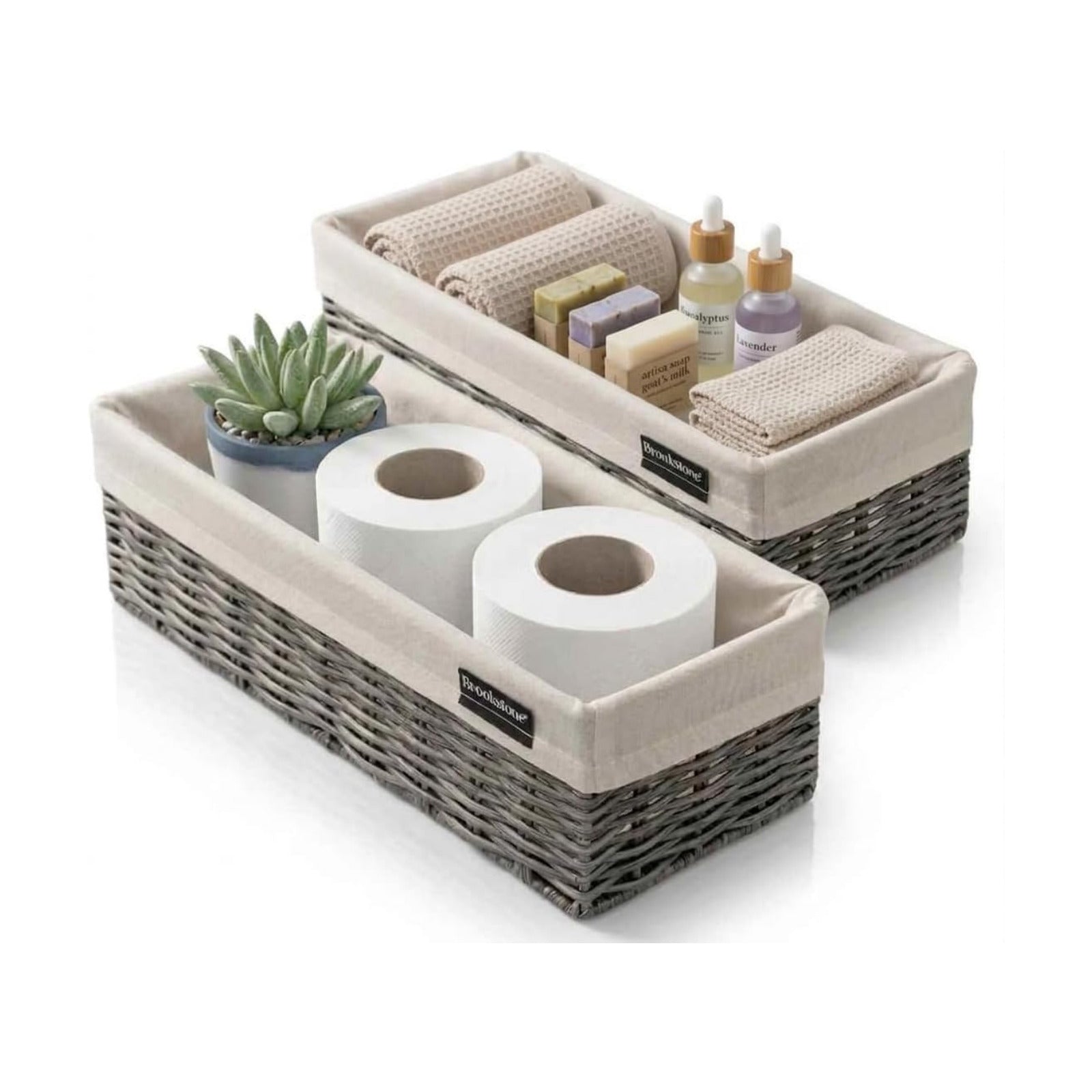 Over the Toilet Tank Wicker Storage Basket / Grey W/ Liner / Set of 2