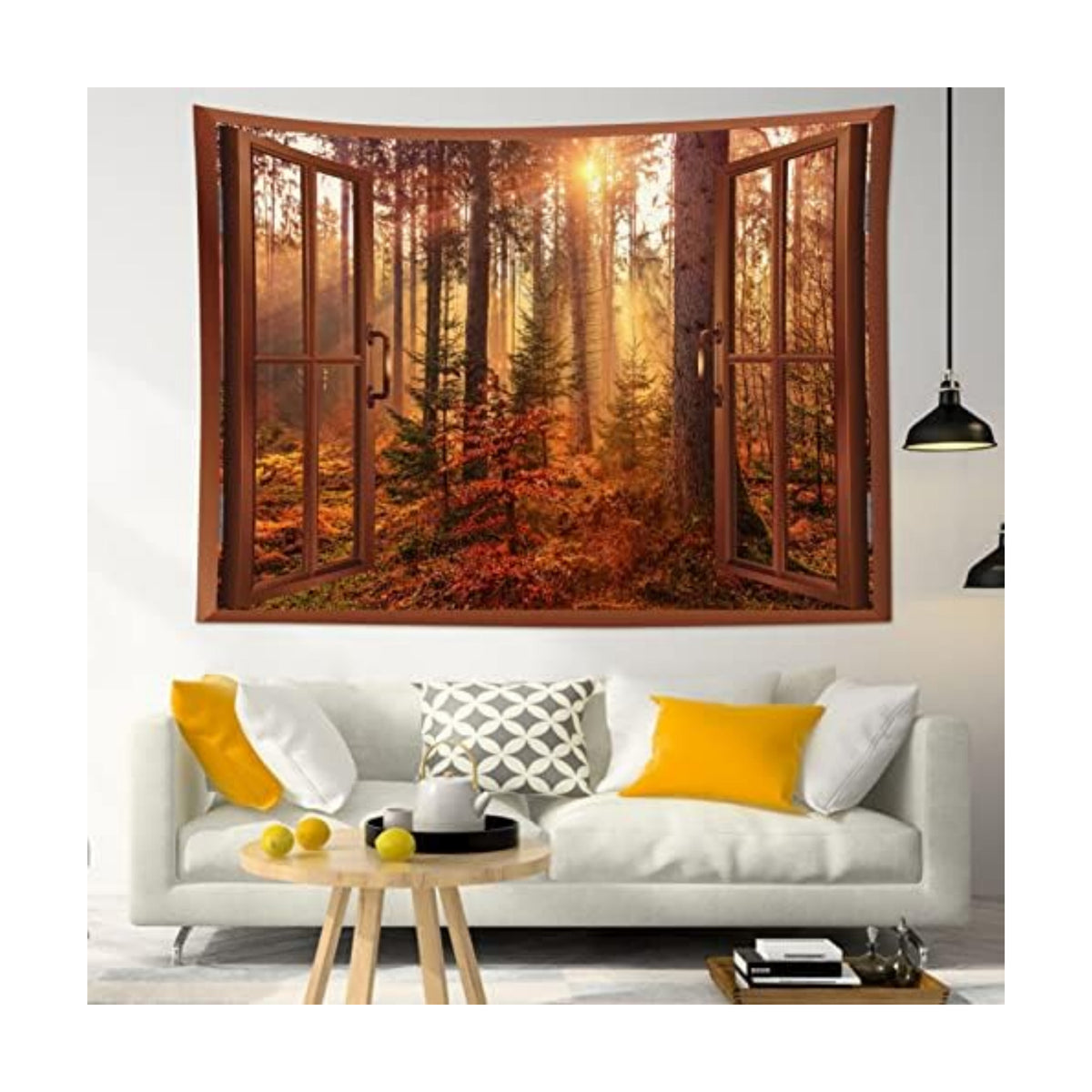 HVEST Fall Tapestry Autumn Maple Tree Forest Scenery outside Window Tapestry for Bedroom, Rustic Thanksgiving Wall Art for Living Room Dorm Holiday Wall Decor, 59W X 51H Inches