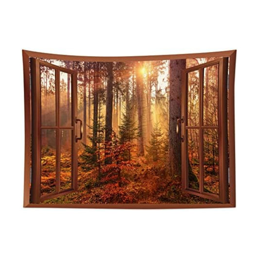 HVEST Fall Tapestry Autumn Maple Tree Forest Scenery outside Window Tapestry for Bedroom, Rustic Thanksgiving Wall Art for Living Room Dorm Holiday Wall Decor, 80W X 60H Inches